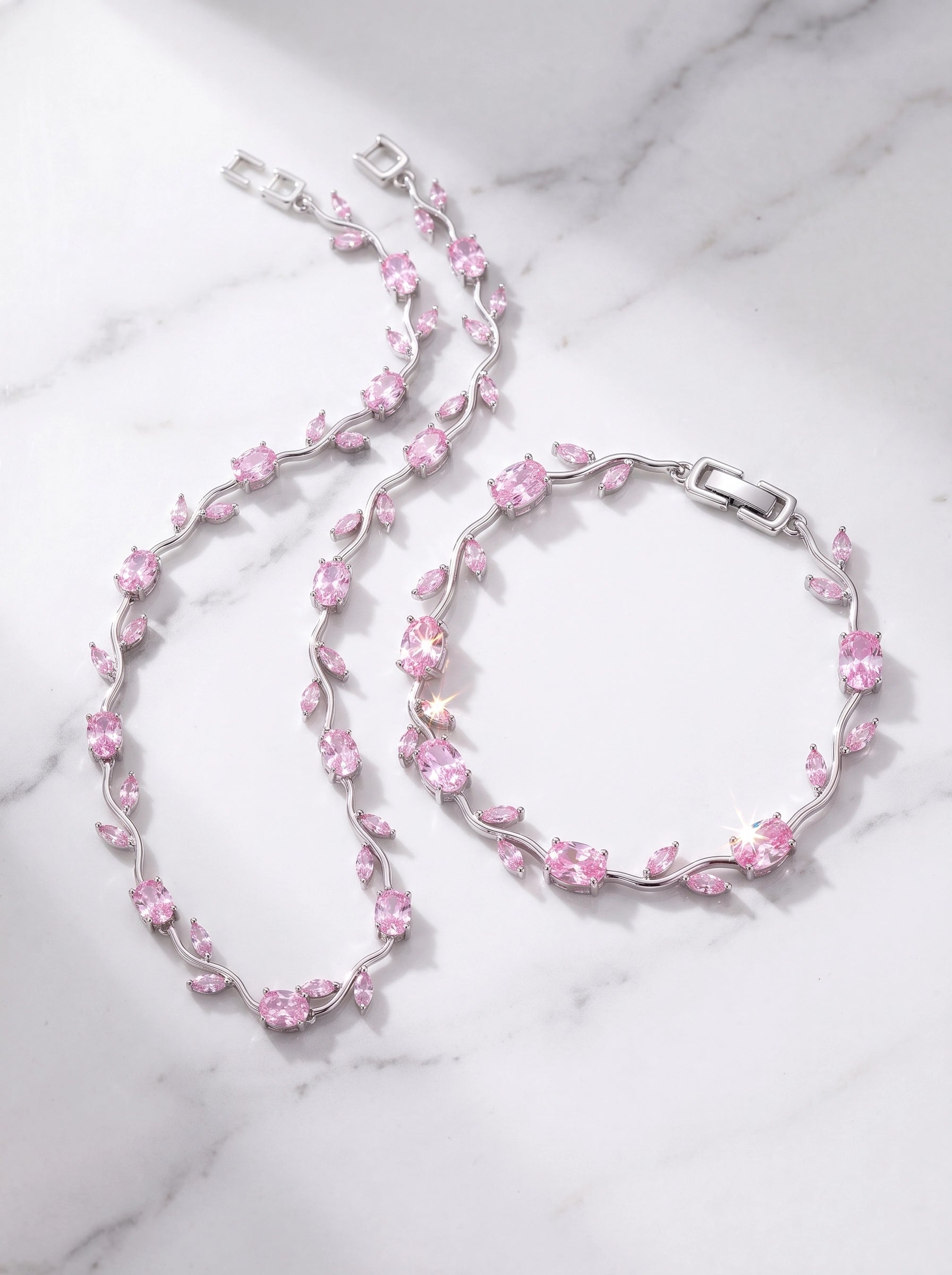 Pink Tulip Crystal Jewelry Set for Women – Elegant Silver-Plated Necklace & Bracelet Set | Luxury Floral Gift Set