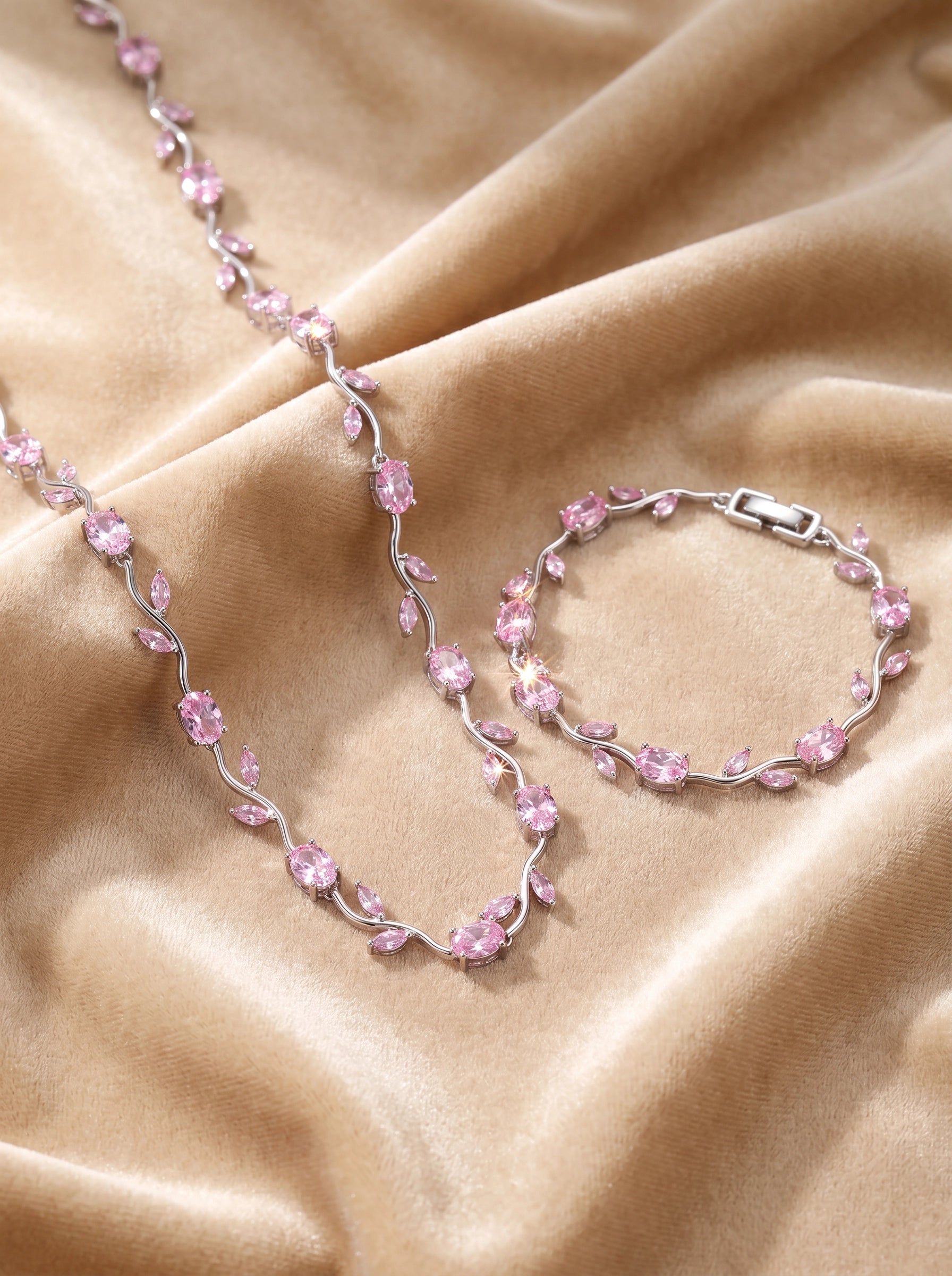 Pink Tulip Crystal Jewelry Set for Women – Elegant Silver-Plated Necklace & Bracelet Set | Luxury Floral Gift Set