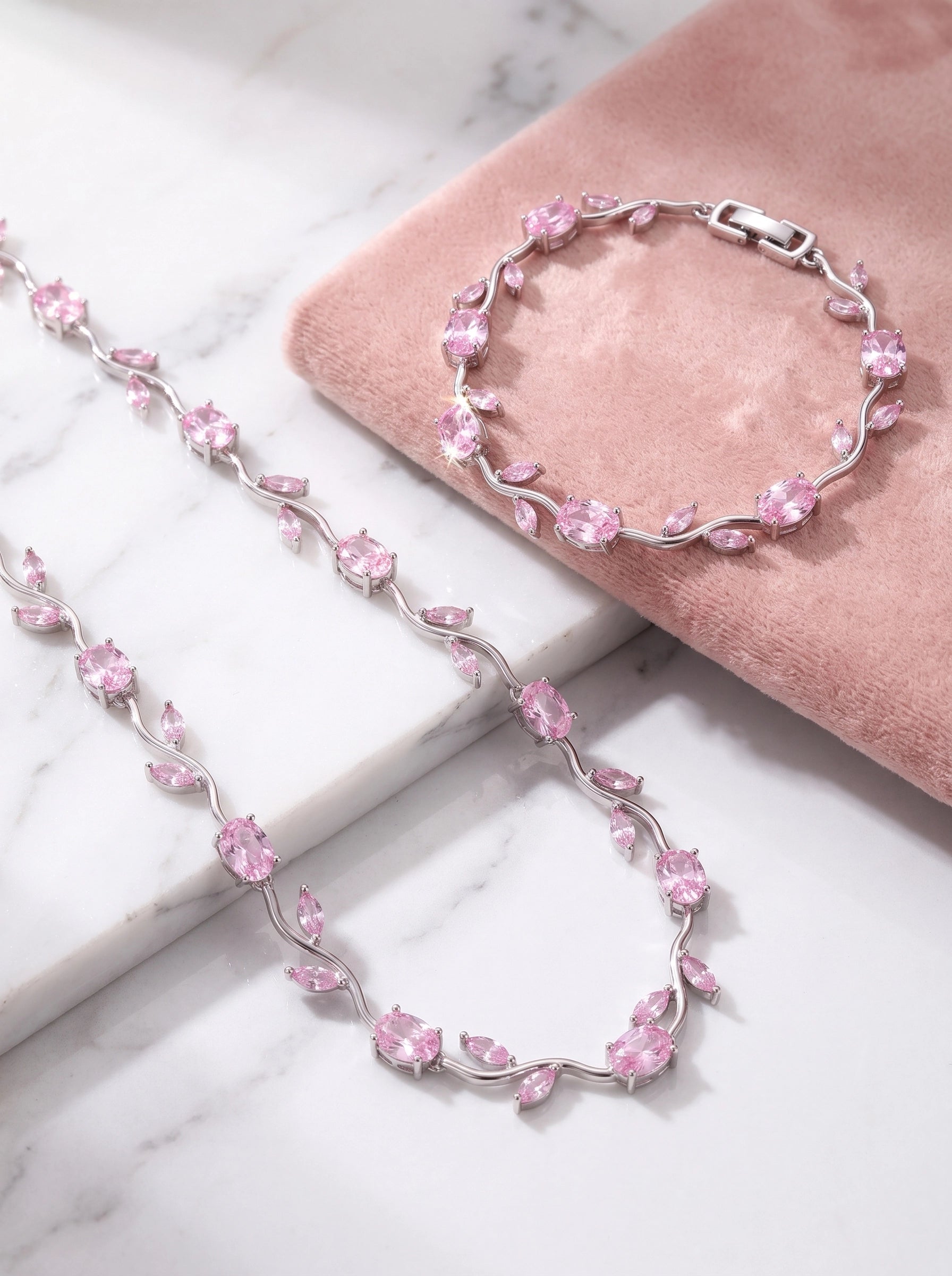 Pink Tulip Crystal Jewelry Set for Women – Elegant Silver-Plated Necklace & Bracelet Set | Luxury Floral Gift Set