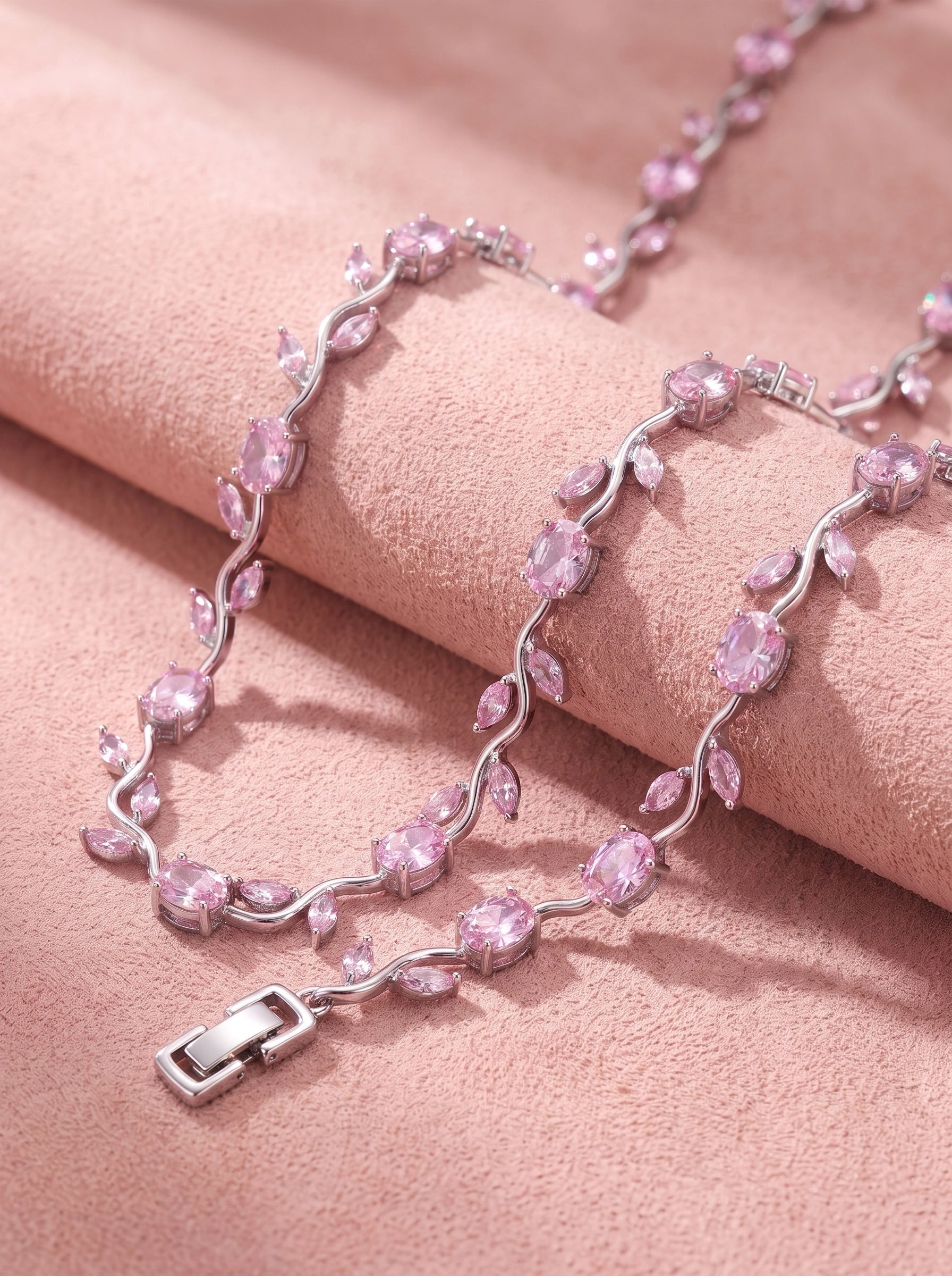 Pink Tulip Crystal Jewelry Set for Women – Elegant Silver-Plated Necklace & Bracelet Set | Luxury Floral Gift Set