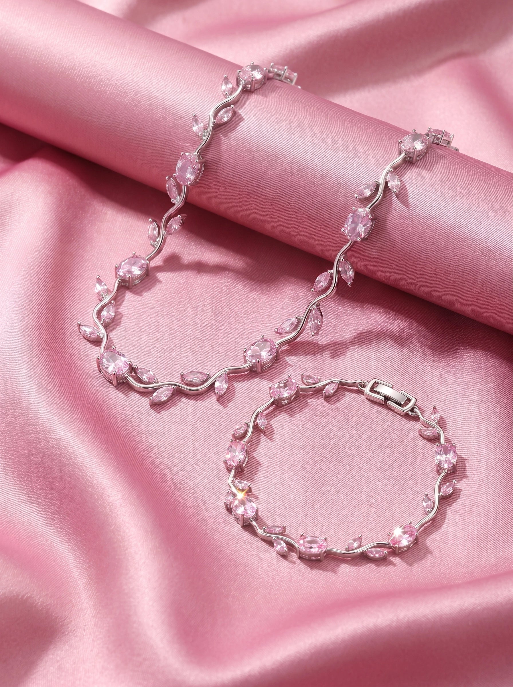 Pink Tulip Crystal Jewelry Set for Women – Elegant Silver-Plated Necklace & Bracelet Set | Luxury Floral Gift Set