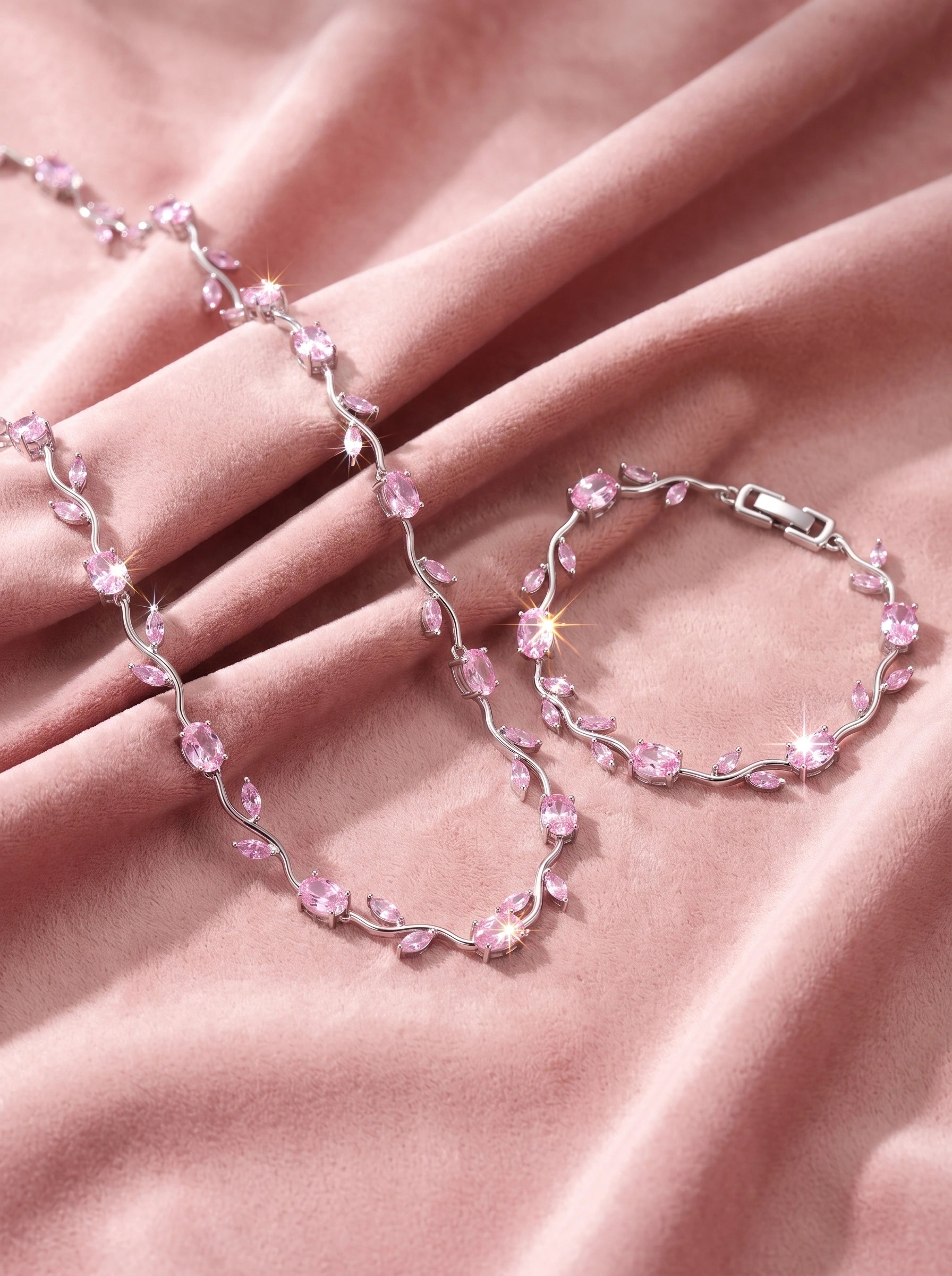 Pink Tulip Crystal Jewelry Set for Women – Elegant Silver-Plated Necklace & Bracelet Set | Luxury Floral Gift Set