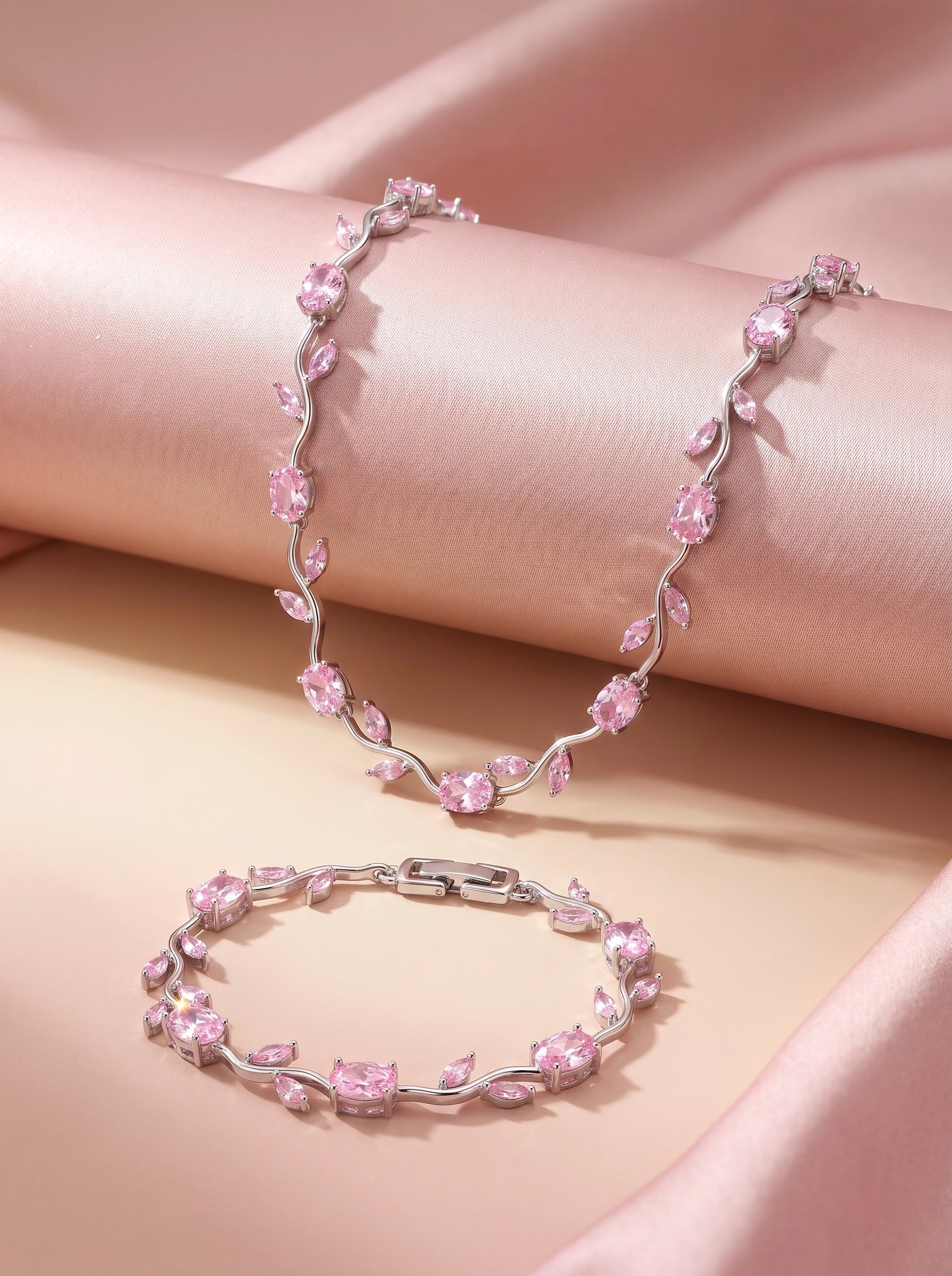 Pink Tulip Crystal Jewelry Set for Women – Elegant Silver-Plated Necklace & Bracelet Set | Luxury Floral Gift Set