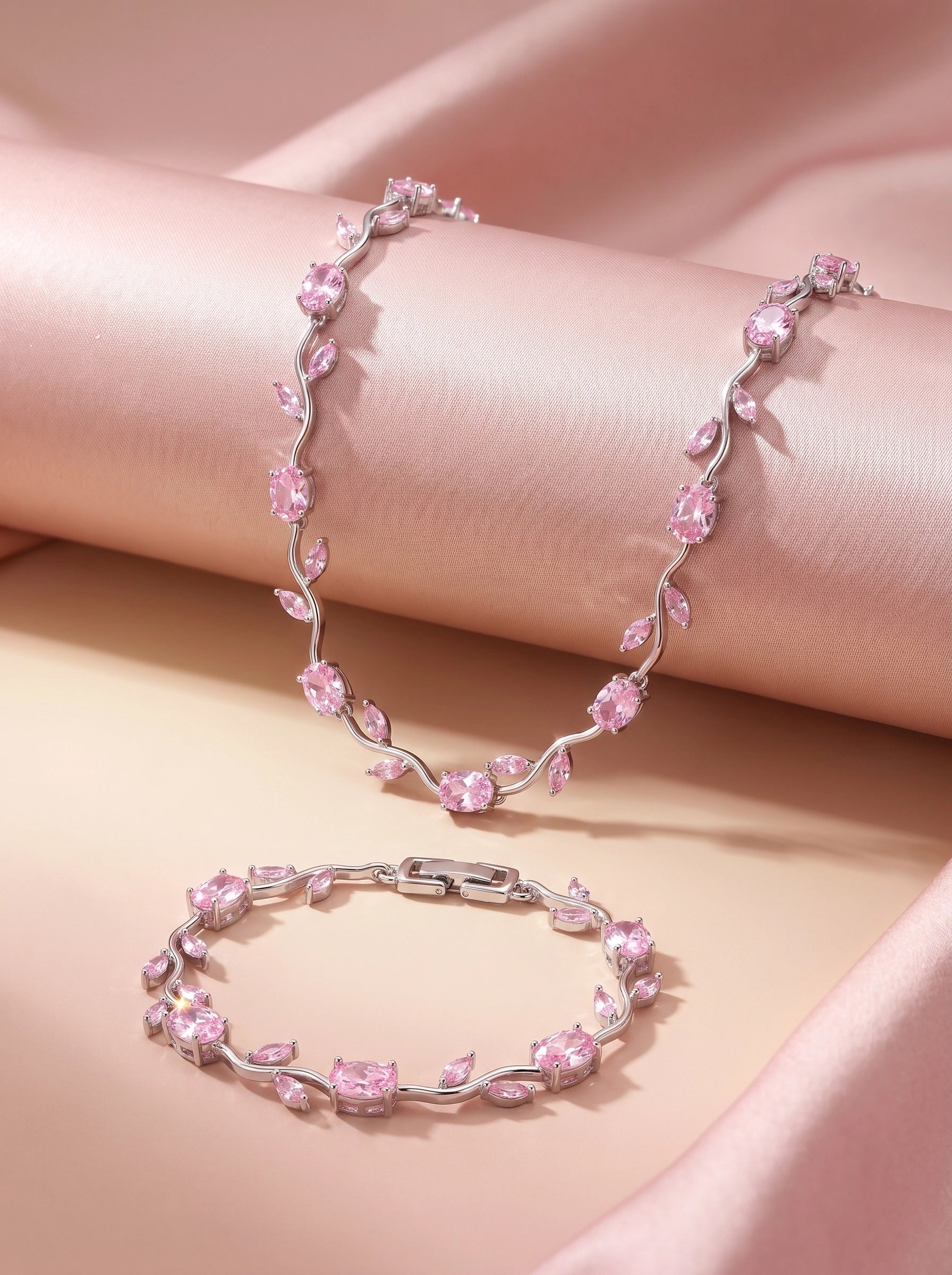 Pink Tulip Crystal Jewelry Set for Women – Elegant Silver-Plated Necklace & Bracelet Set | Luxury Floral Gift Set