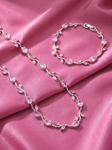 Pink Tulip Crystal Jewelry Set for Women – Elegant Silver-Plated Necklace & Bracelet Set | Luxury Floral Gift Set