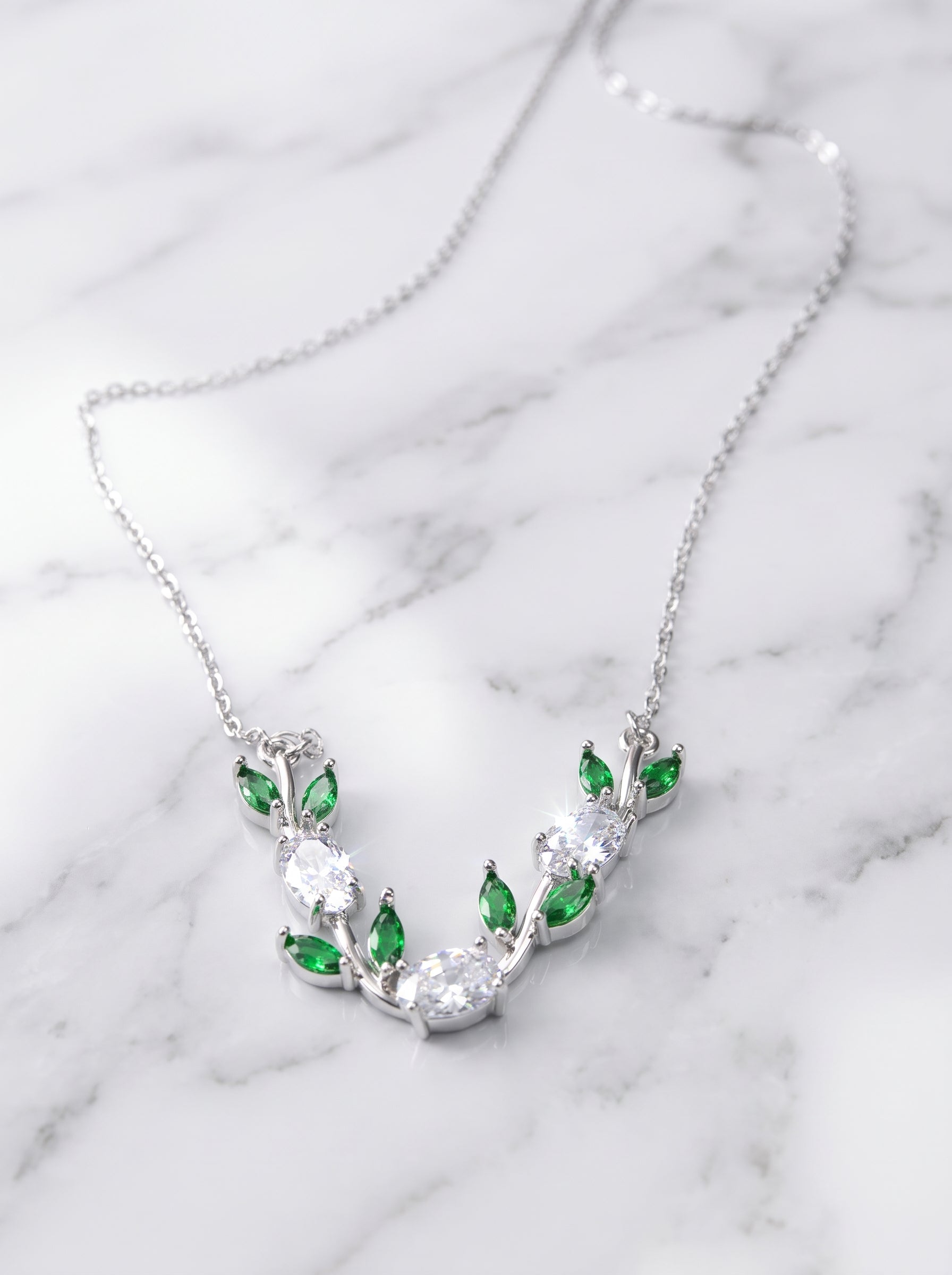 Silver Tulip Necklace with Green & Clear Cubic Zirconia | Floral Leaf Necklace | Nature Inspired Crystal Jewelry | EveStone