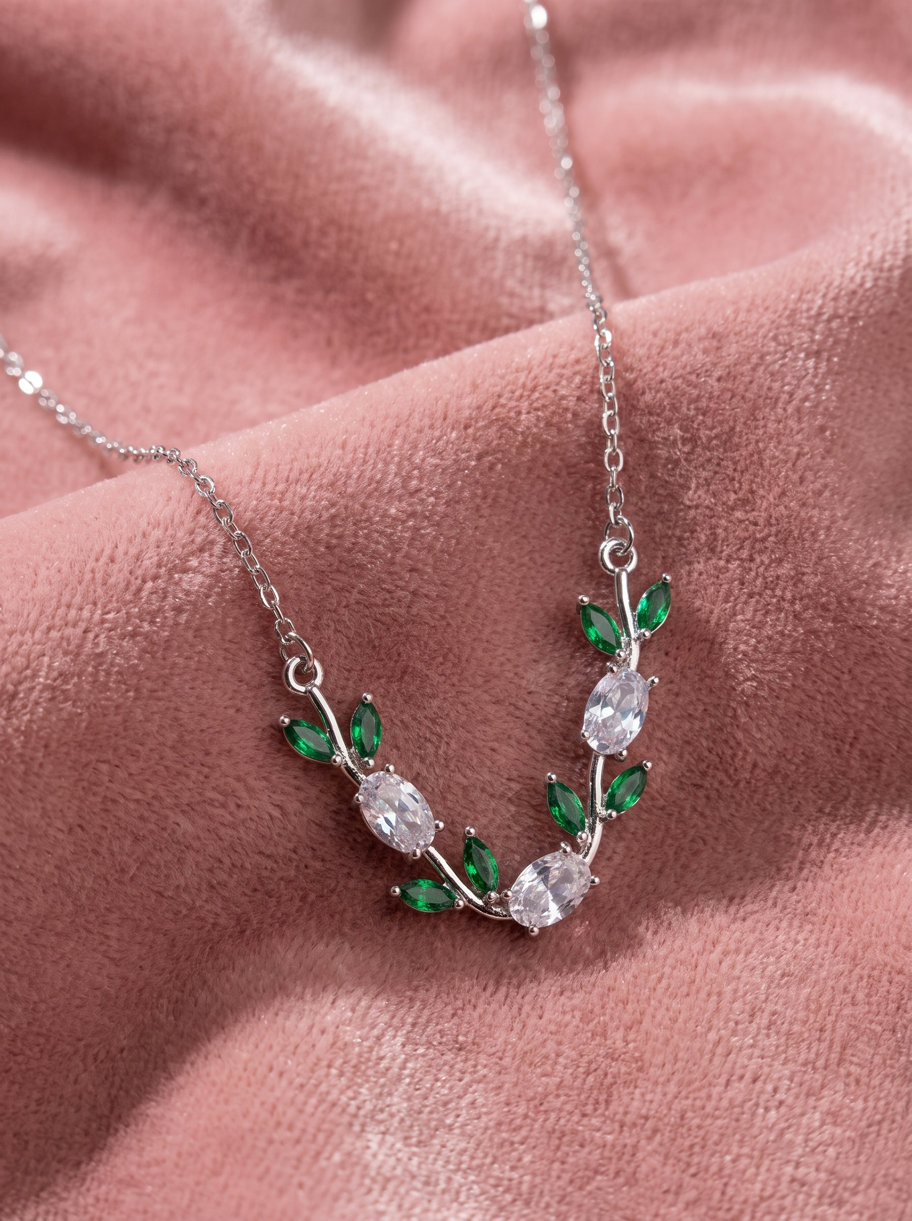 Silver Tulip Necklace with Green & Clear Cubic Zirconia | Floral Leaf Necklace | Nature Inspired Crystal Jewelry | EveStone