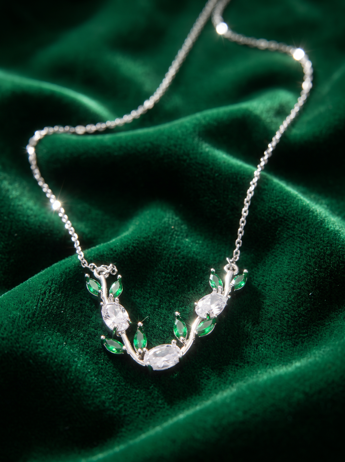 Silver Tulip Necklace with Green & Clear Cubic Zirconia | Floral Leaf Necklace | Nature Inspired Crystal Jewelry | EveStone