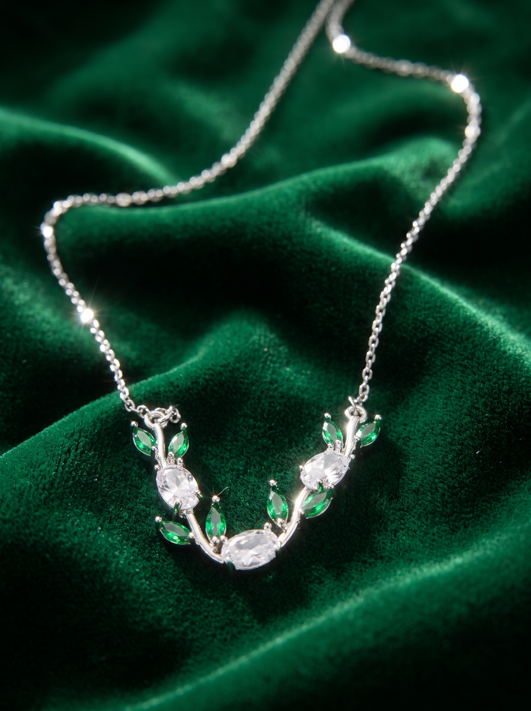Silver Tulip Necklace with Green & Clear Cubic Zirconia | Floral Leaf Necklace | Nature Inspired Crystal Jewelry | EveStone