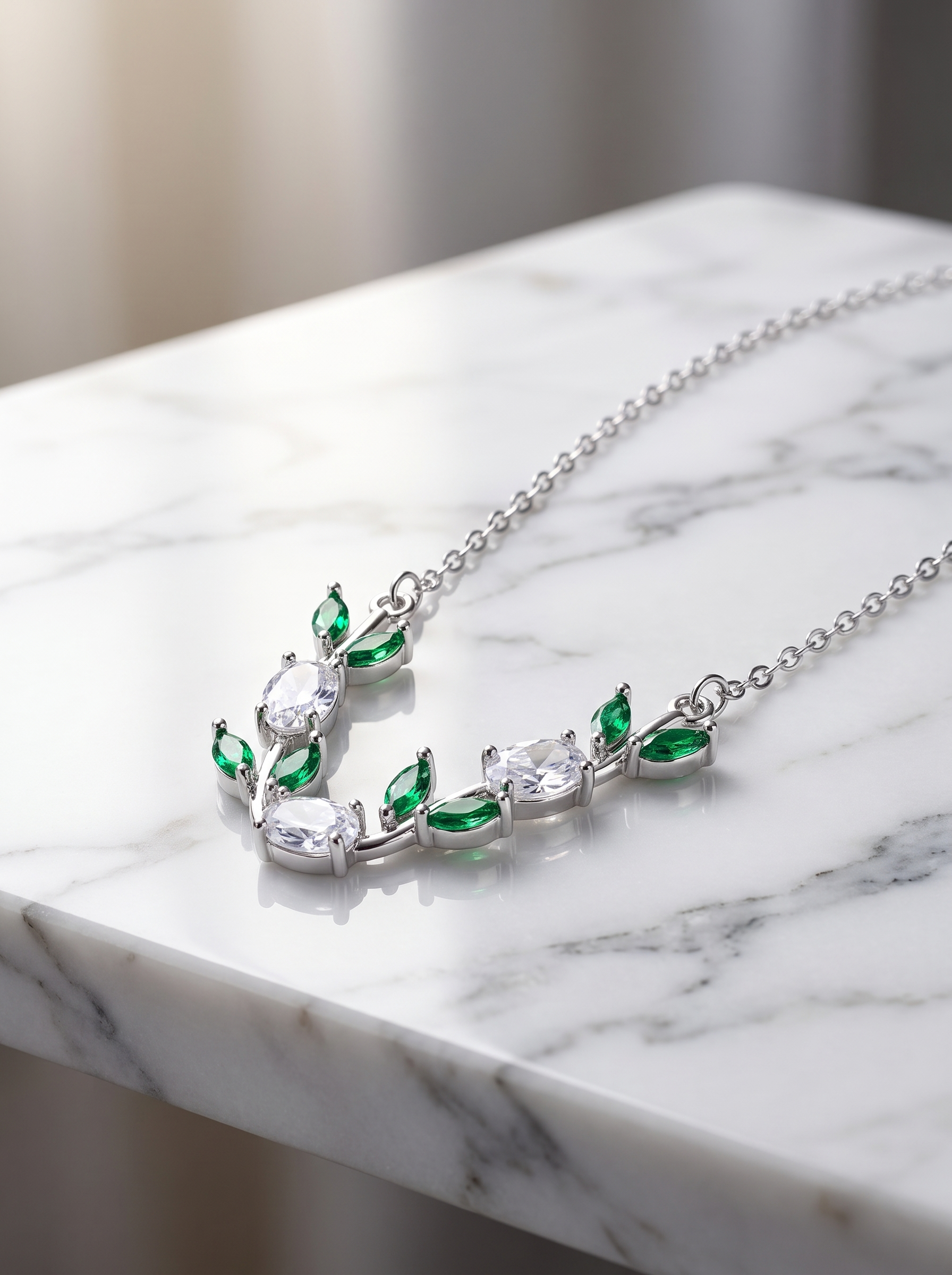 Silver Tulip Necklace with Green & Clear Cubic Zirconia | Floral Leaf Necklace | Nature Inspired Crystal Jewelry | EveStone