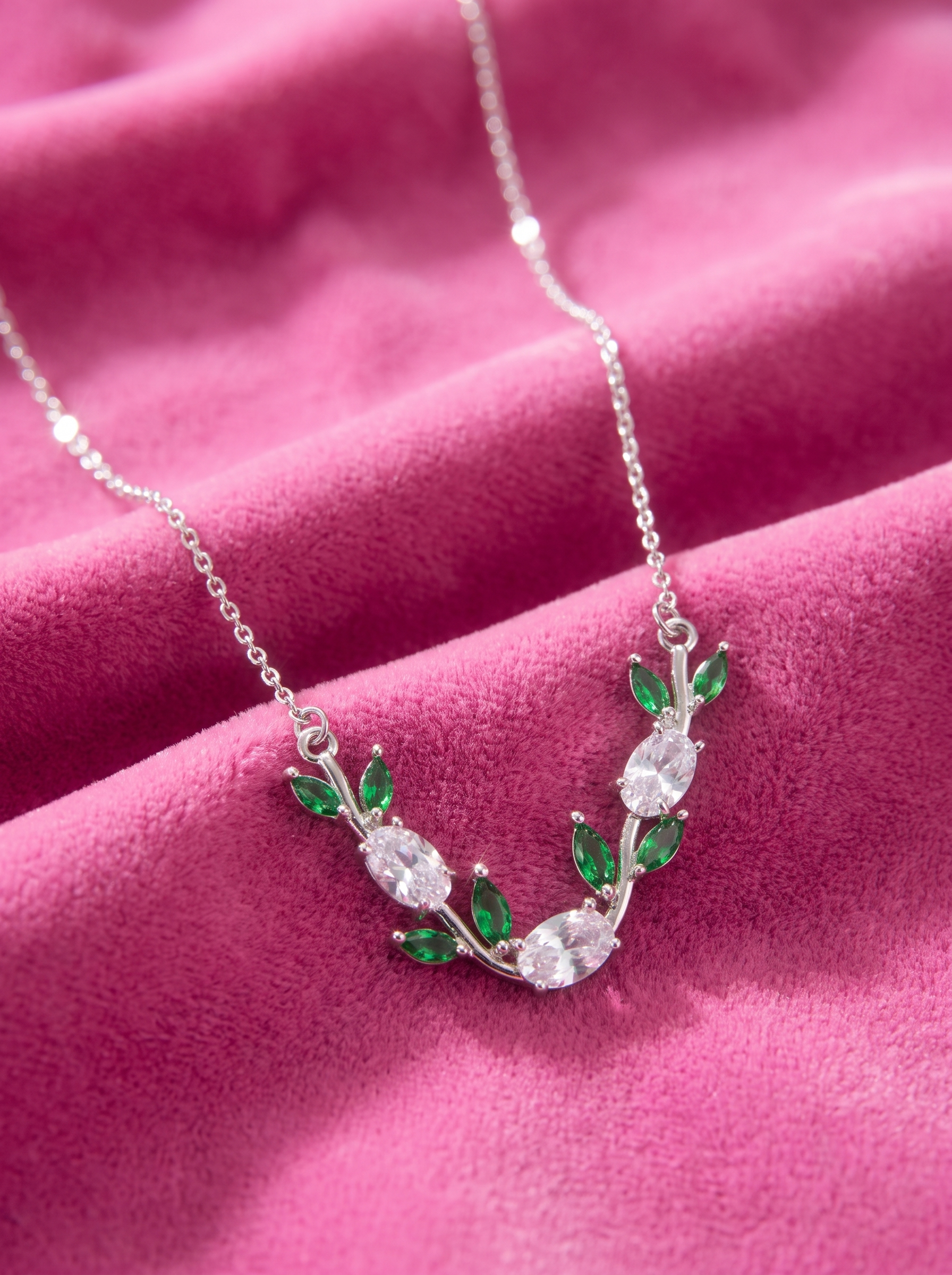 Silver Tulip Necklace with Green & Clear Cubic Zirconia | Floral Leaf Necklace | Nature Inspired Crystal Jewelry | EveStone