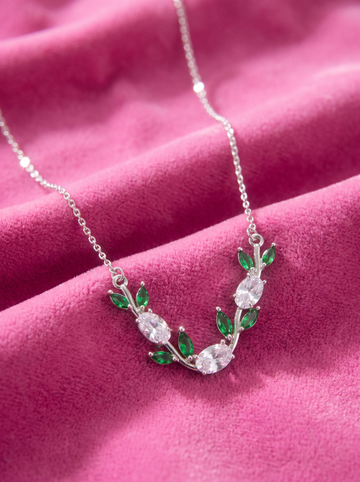 Silver Tulip Necklace with Green & Clear Cubic Zirconia | Floral Leaf Necklace | Nature Inspired Crystal Jewelry | EveStone