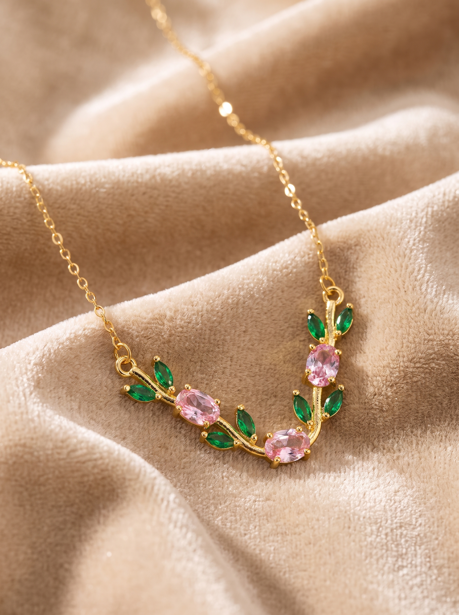 Gold Tulip Necklace with Pink & Green Cubic Zirconia | Nature Inspired Floral Necklace | Botanical Jewelry | EveStone