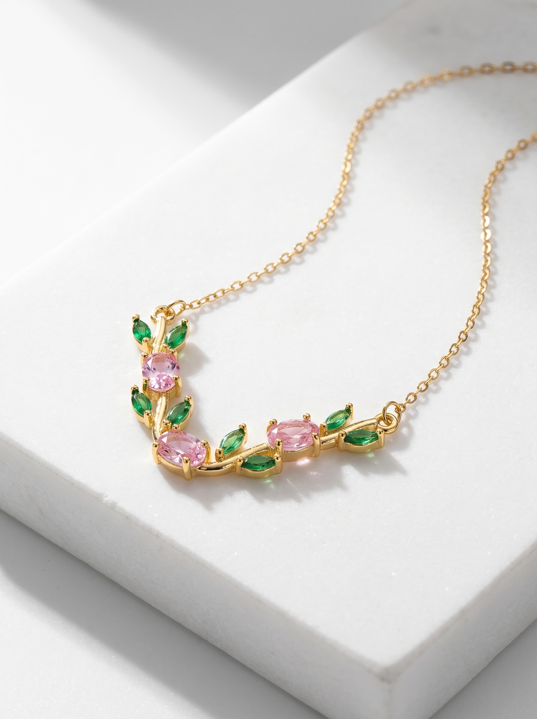 Gold Tulip Necklace with Pink & Green Cubic Zirconia | Nature Inspired Floral Necklace | Botanical Jewelry | EveStone