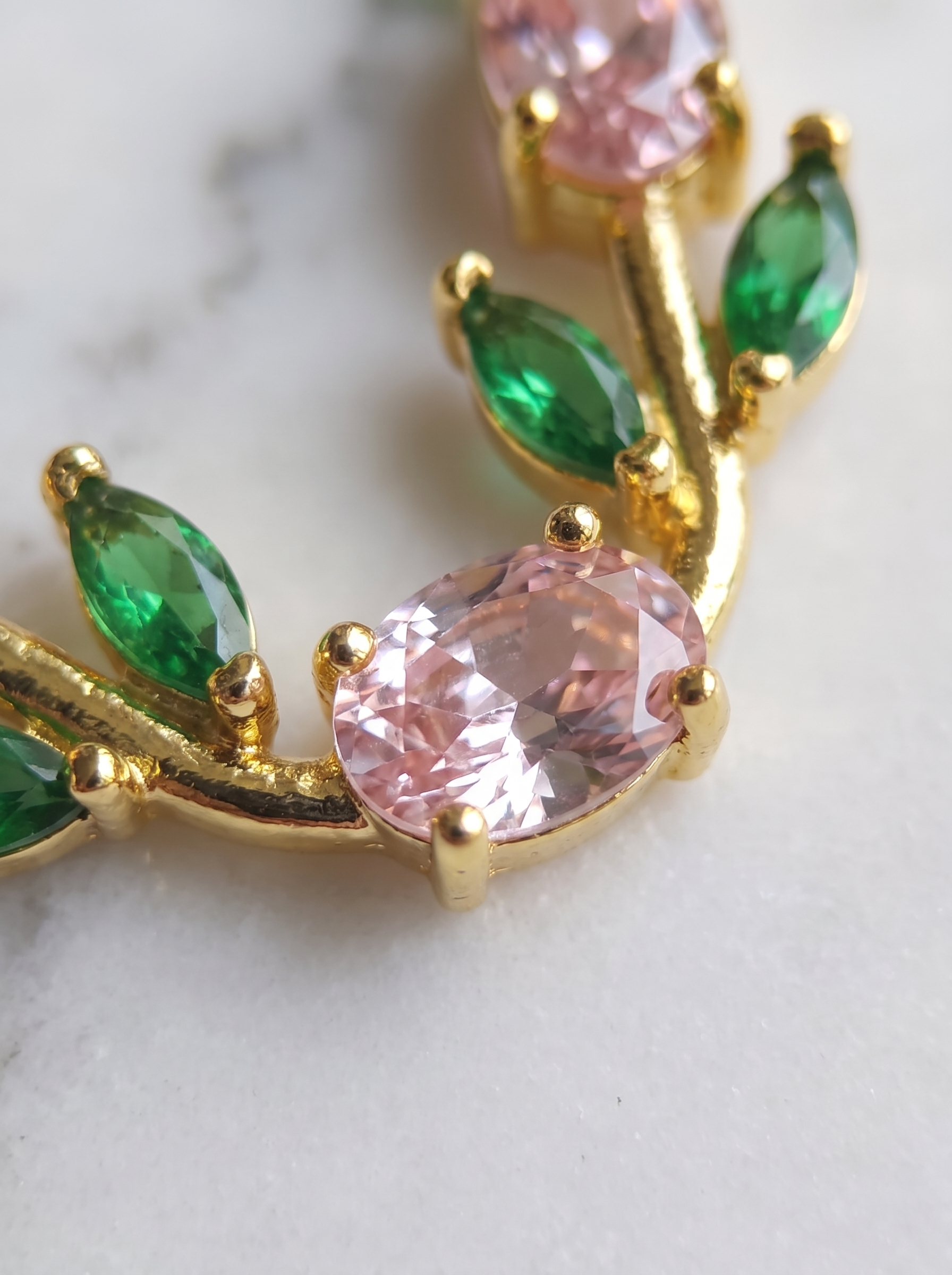 Gold Tulip Necklace with Pink & Green Cubic Zirconia | Nature Inspired Floral Necklace | Botanical Jewelry | EveStone
