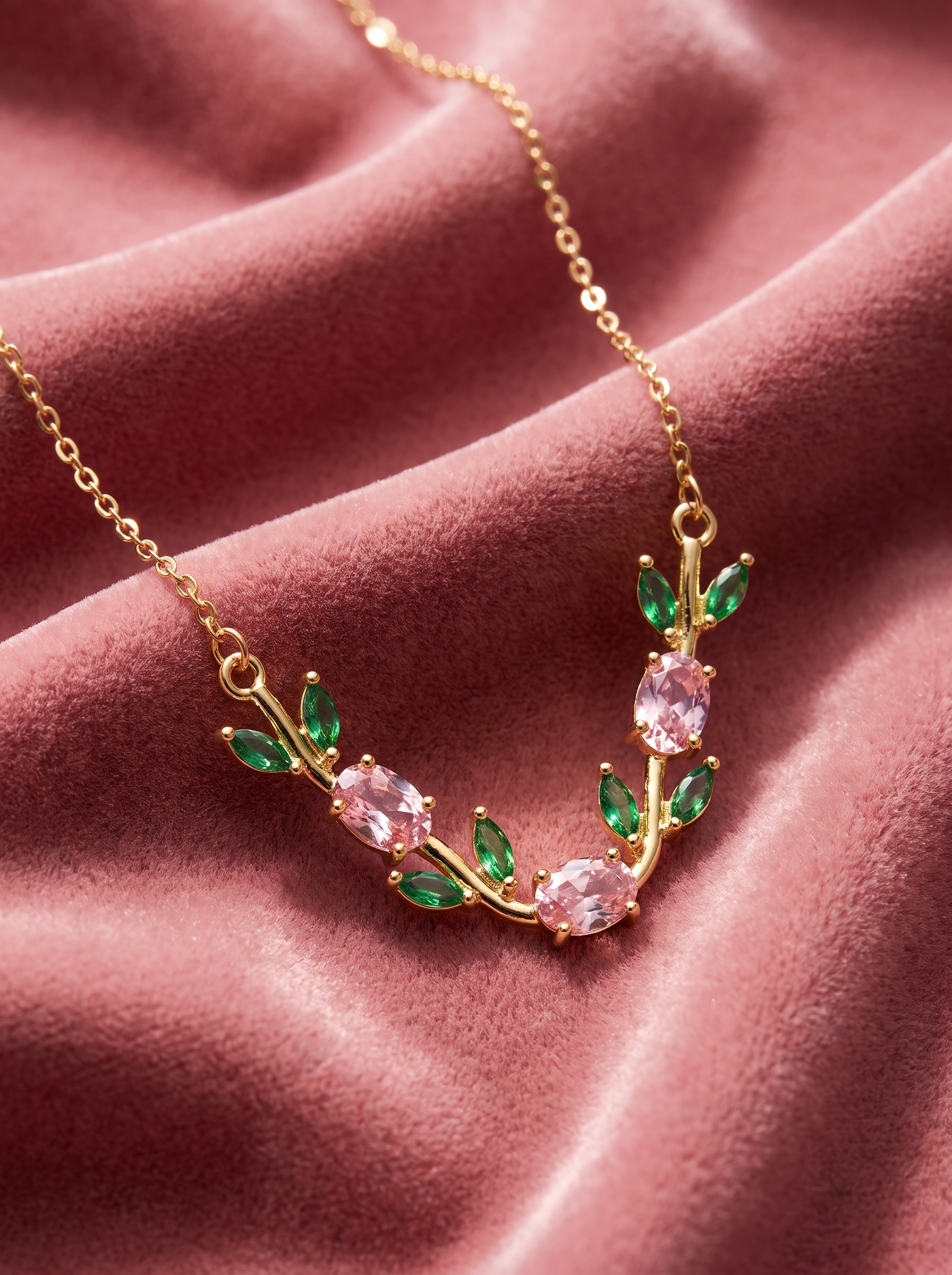 Gold Tulip Necklace with Pink & Green Cubic Zirconia | Nature Inspired Floral Necklace | Botanical Jewelry | EveStone