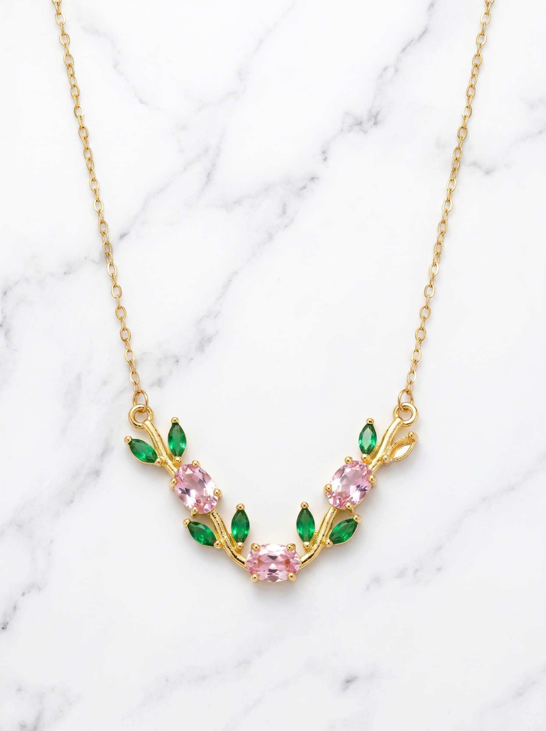Gold Tulip Necklace with Pink & Green Cubic Zirconia | Nature Inspired Floral Necklace | Botanical Jewelry | EveStone