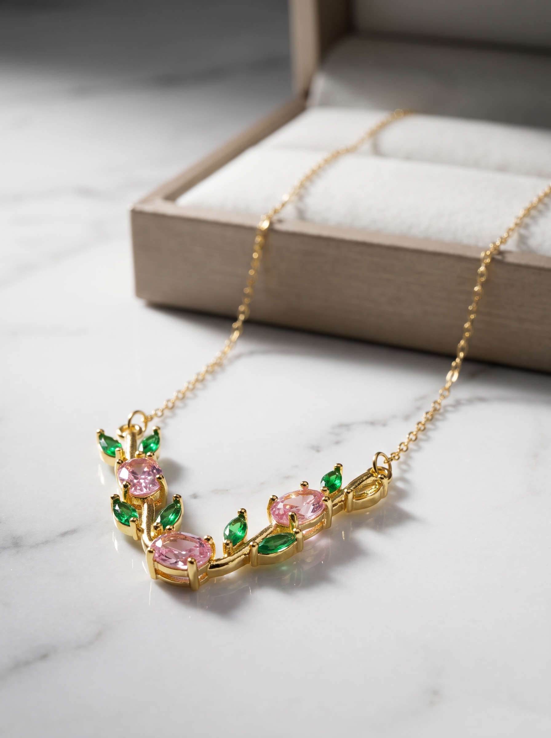 Gold Tulip Necklace with Pink & Green Cubic Zirconia | Nature Inspired Floral Necklace | Botanical Jewelry | EveStone