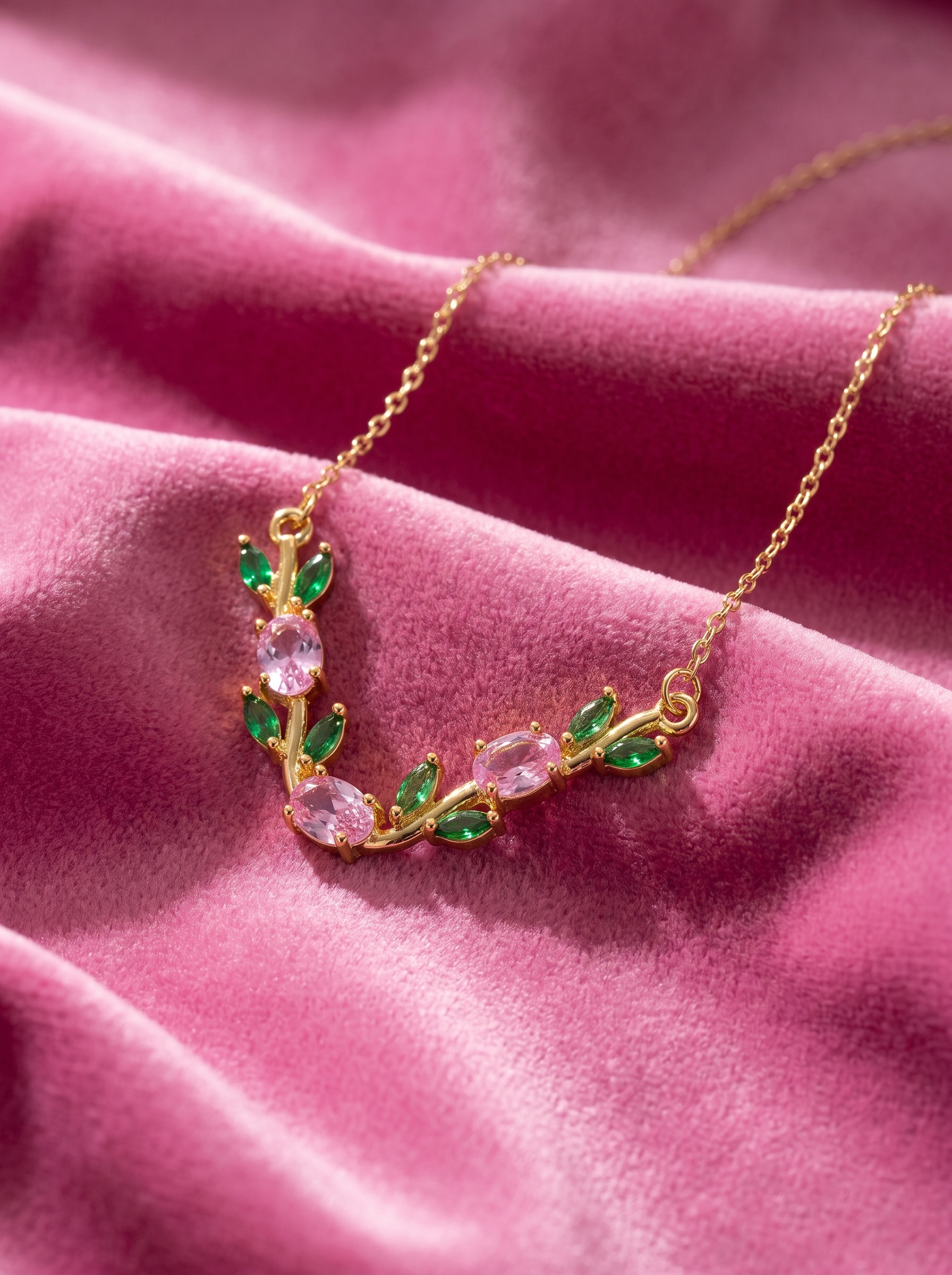Gold Tulip Necklace with Pink & Green Cubic Zirconia | Nature Inspired Floral Necklace | Botanical Jewelry | EveStone