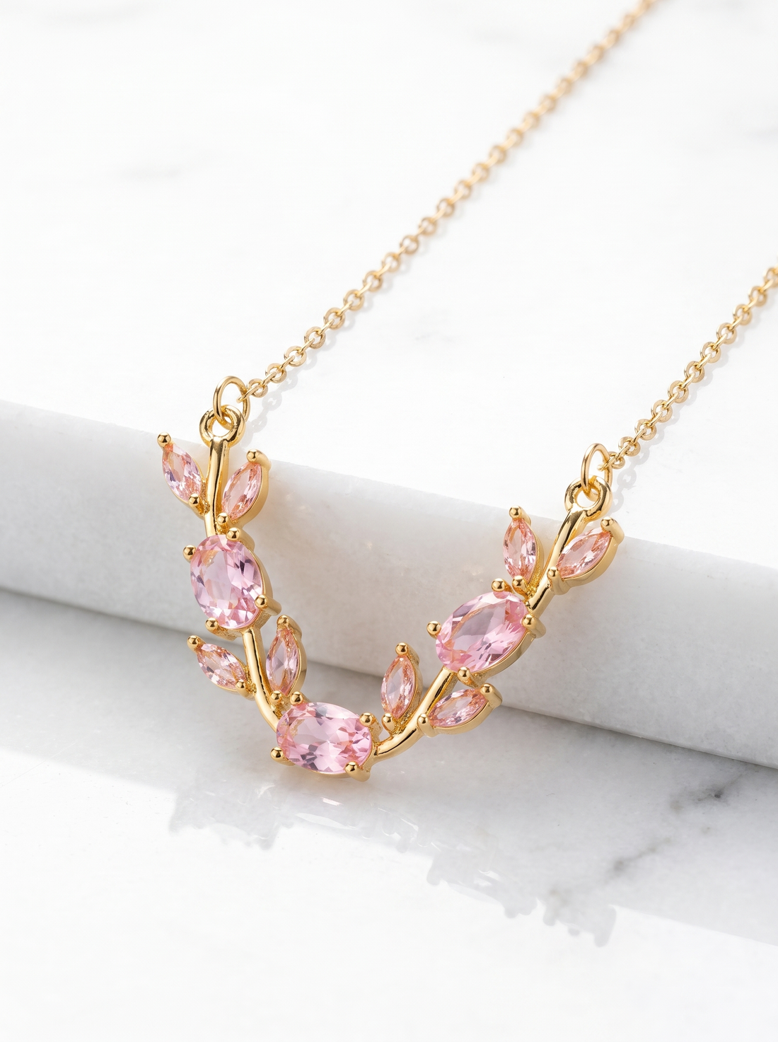 Gold Tulip Necklace with Pink Petals | Romantic Floral Necklace | Elegant Gold Jewelry | Gift for Her | EveStone