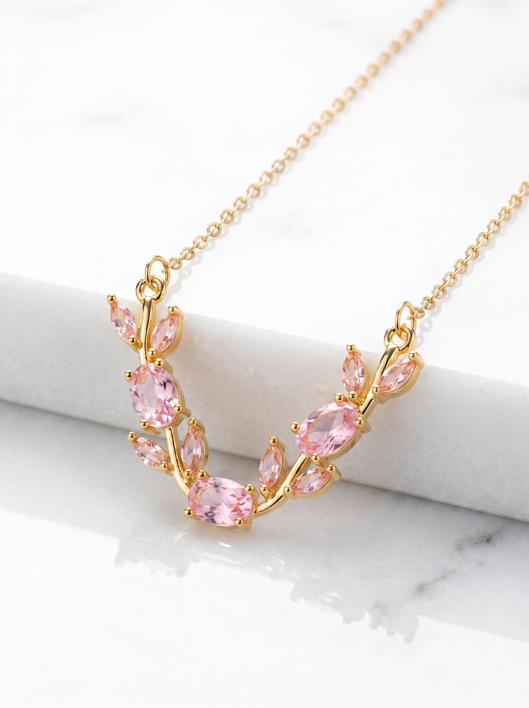 Gold Tulip Necklace with Pink Petals | Romantic Floral Necklace | Elegant Gold Jewelry | Gift for Her | EveStone