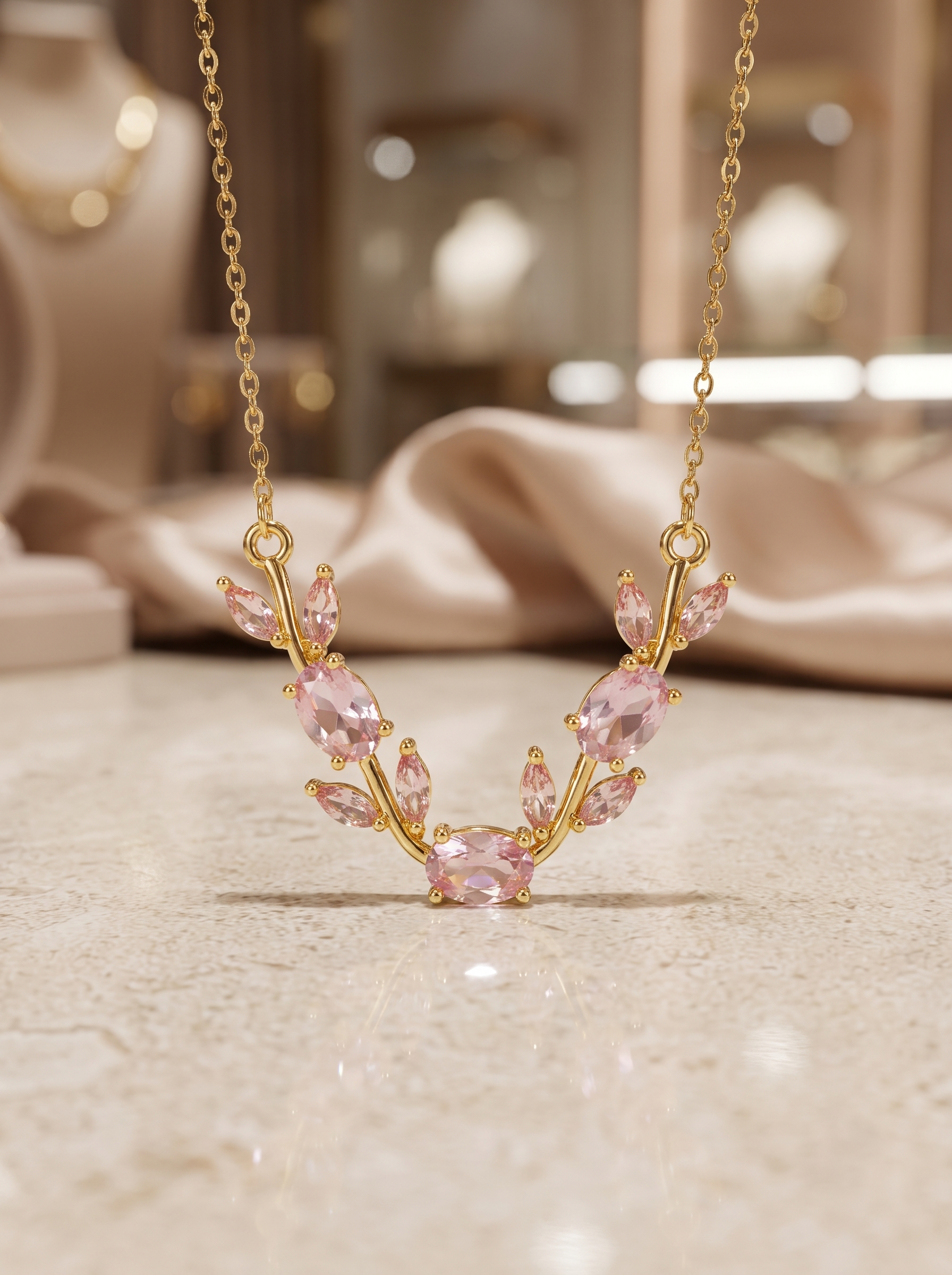 Gold Tulip Necklace with Pink Petals | Romantic Floral Necklace | Elegant Gold Jewelry | Gift for Her | EveStone
