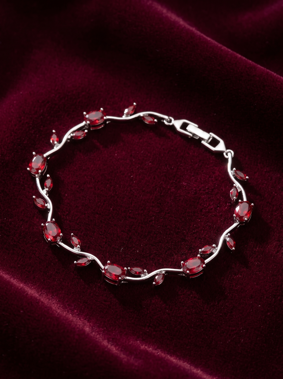 Silver Red Tulip Bracelet with Ruby Red | Elegant Floral Tennis Bracelet | Nature Inspired Crystal Bracelet for Women | EveStone