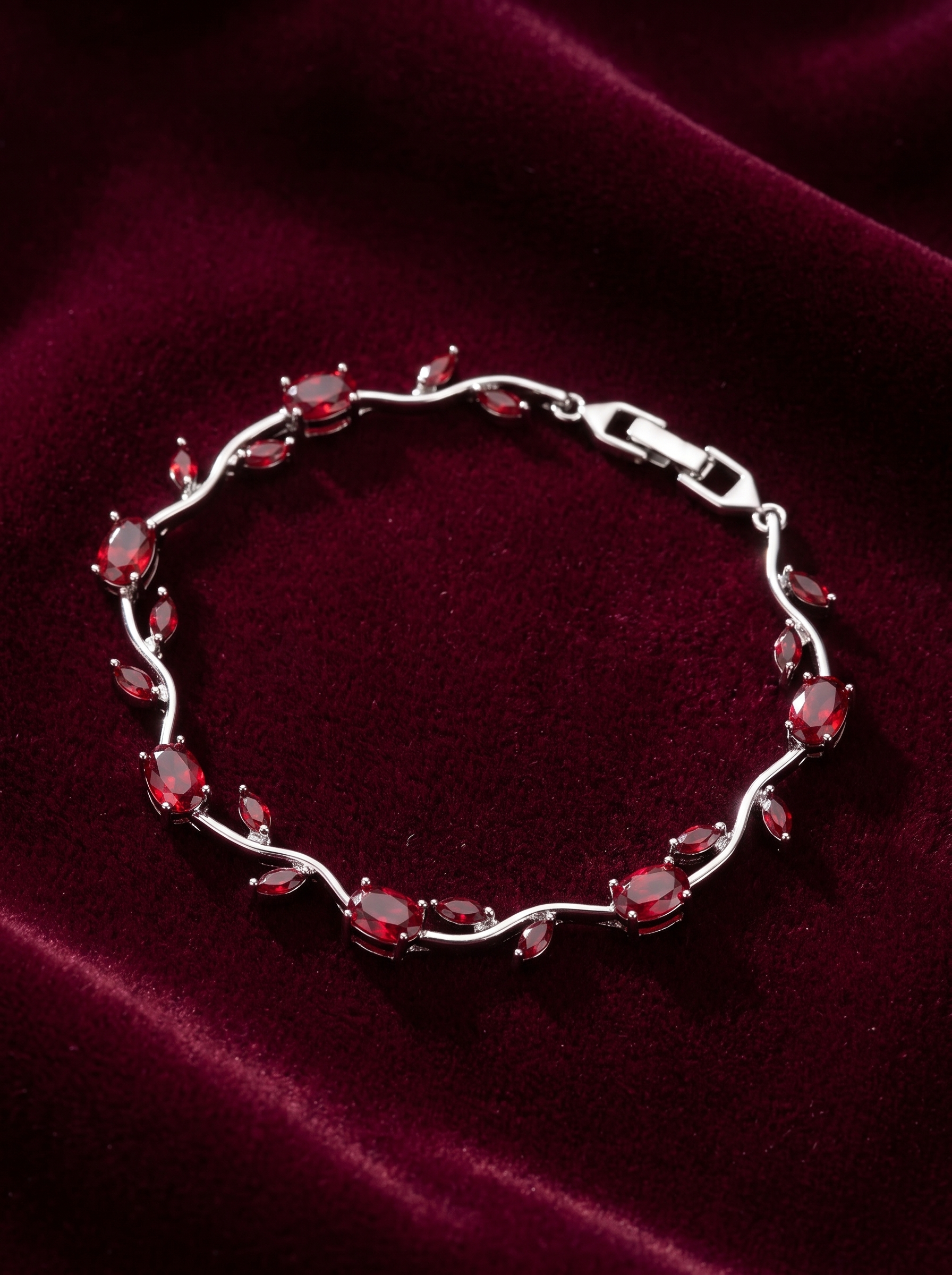 Silver Red Tulip Bracelet with Ruby Red | Elegant Floral Tennis Bracelet | Nature Inspired Crystal Bracelet for Women | EveStone