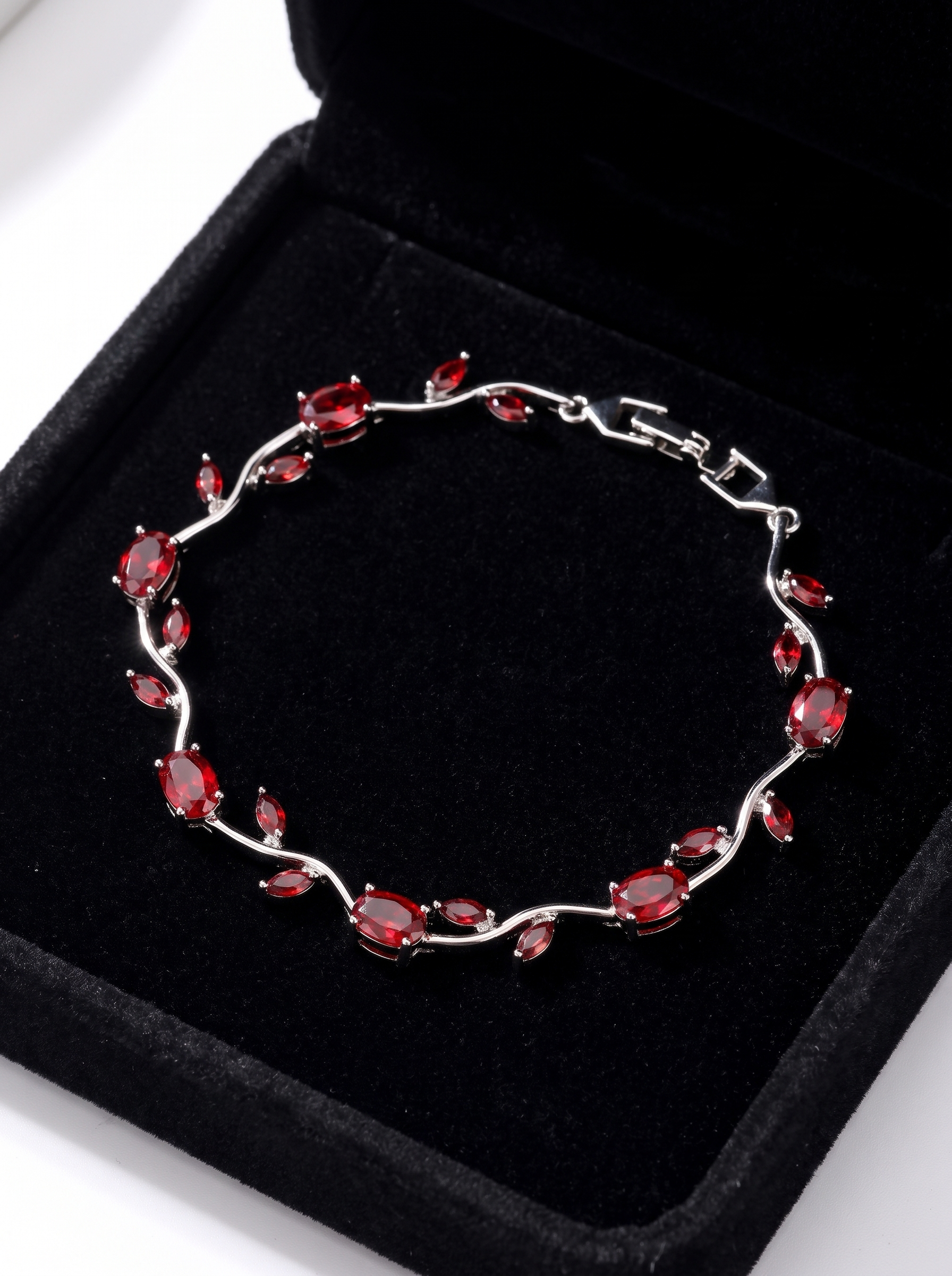 Silver Red Tulip Bracelet with Ruby Red | Elegant Floral Tennis Bracelet | Nature Inspired Crystal Bracelet for Women | EveStone