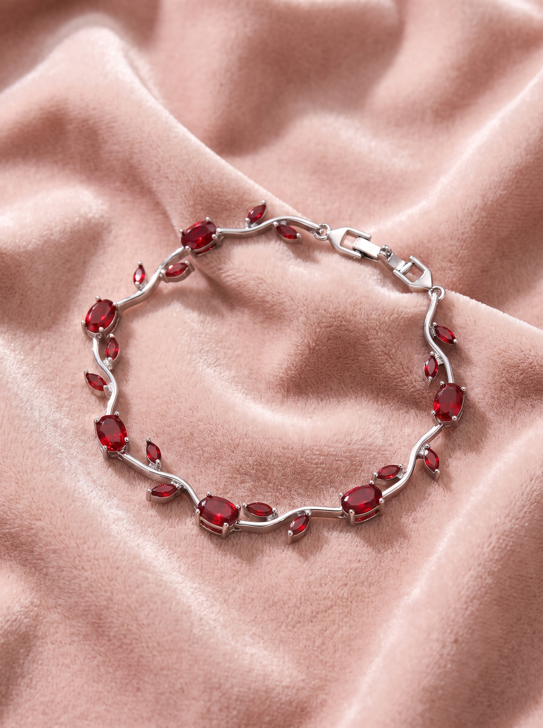 Silver Red Tulip Bracelet with Ruby Red | Elegant Floral Tennis Bracelet | Nature Inspired Crystal Bracelet for Women | EveStone