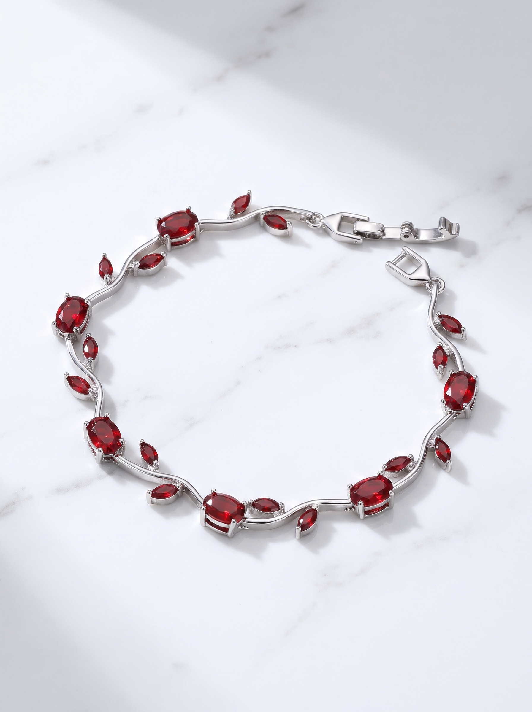 Silver Red Tulip Bracelet with Ruby Red | Elegant Floral Tennis Bracelet | Nature Inspired Crystal Bracelet for Women | EveStone