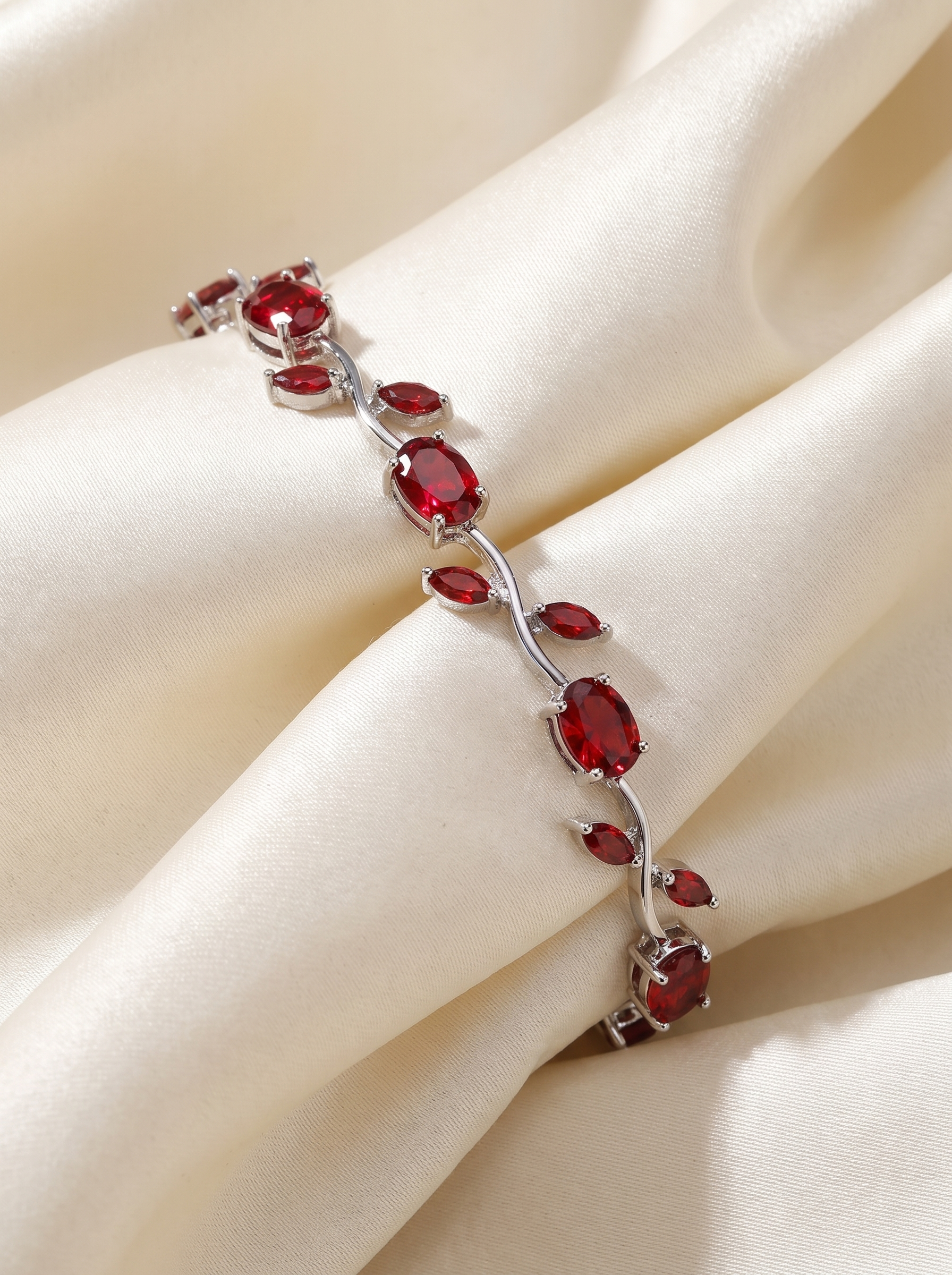 Silver Red Tulip Bracelet with Ruby Red | Elegant Floral Tennis Bracelet | Nature Inspired Crystal Bracelet for Women | EveStone