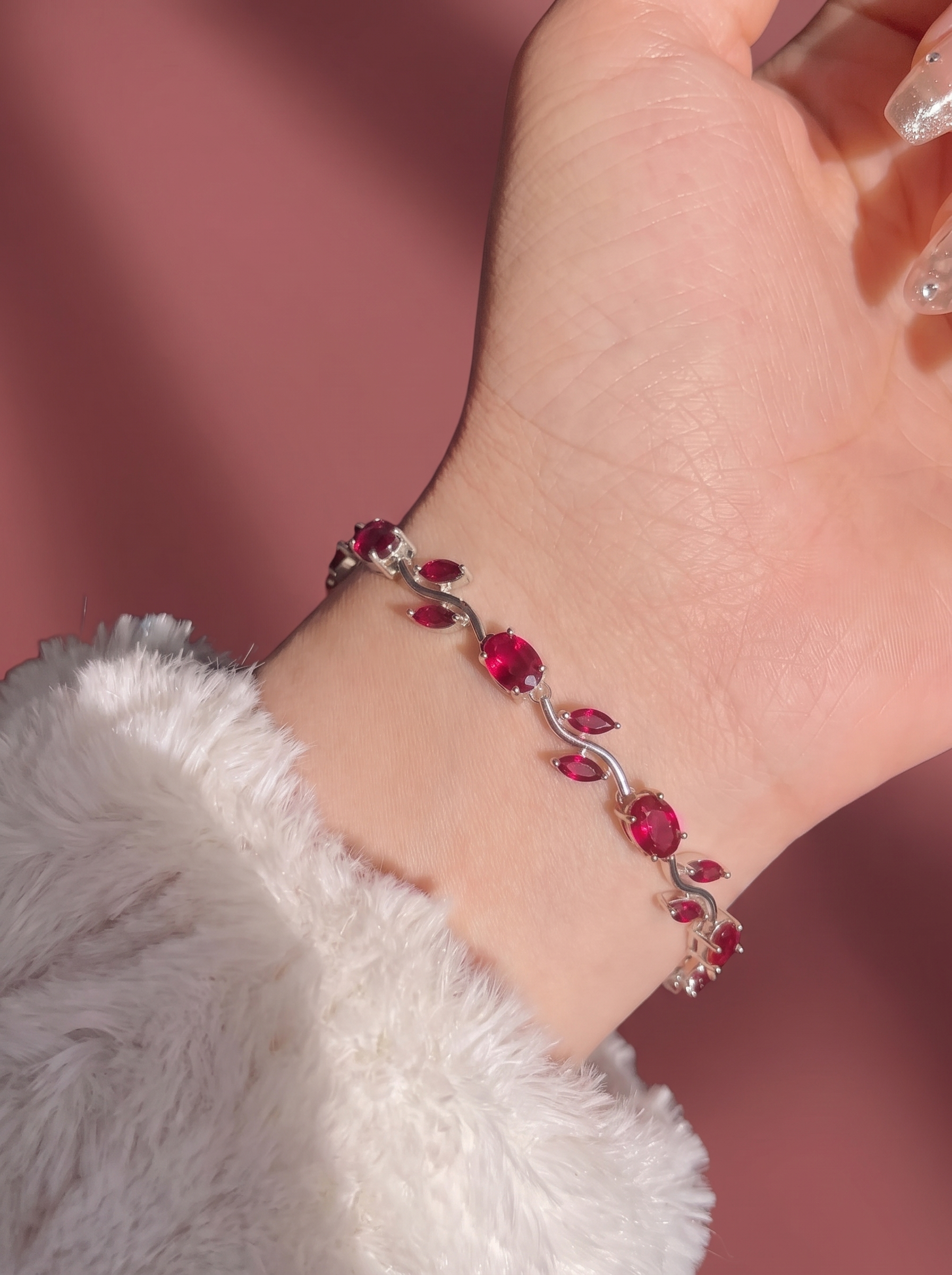 Silver Red Tulip Bracelet with Ruby Red | Elegant Floral Tennis Bracelet | Nature Inspired Crystal Bracelet for Women | EveStone