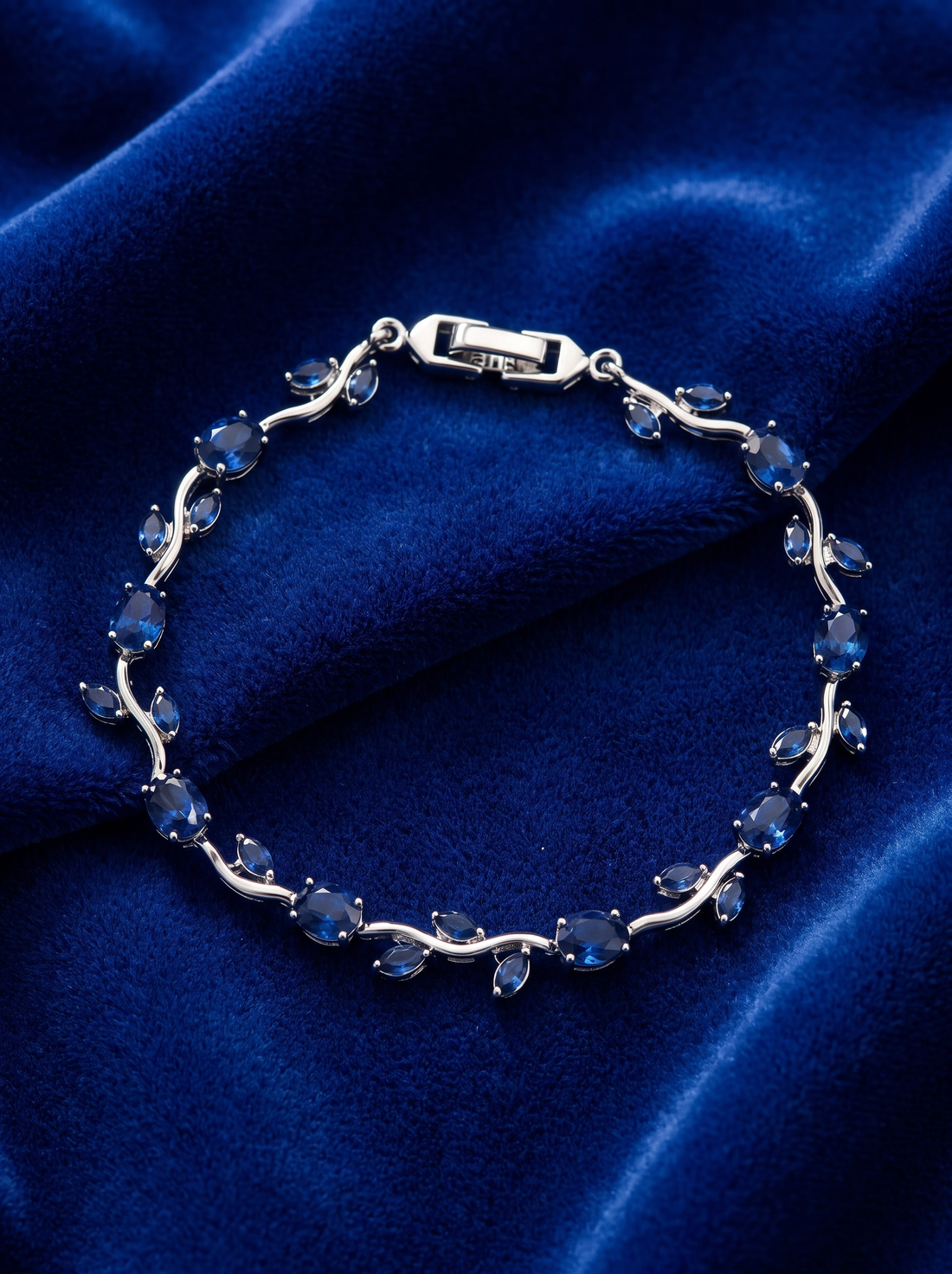 Silver Blue Tulip Bracelet with Sapphire Blue Cubic Zirconia | Elegant Floral Tennis Bracelet | Nature Inspired Crystal Bracelet for Women | EveStone