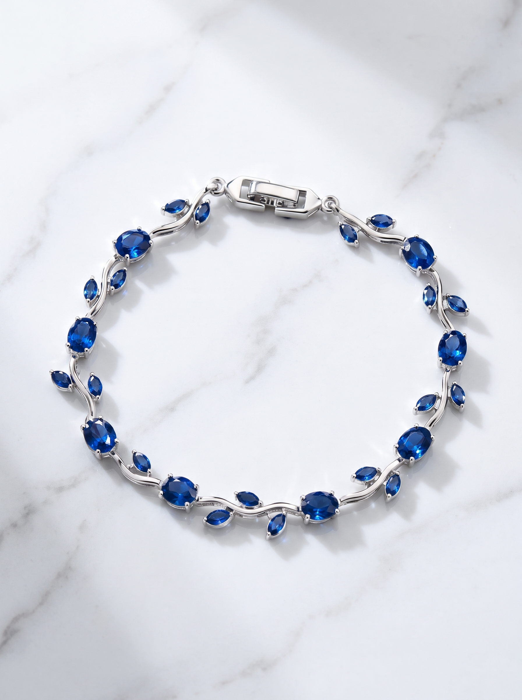 Silver Blue Tulip Bracelet with Sapphire Blue Cubic Zirconia | Elegant Floral Tennis Bracelet | Nature Inspired Crystal Bracelet for Women | EveStone