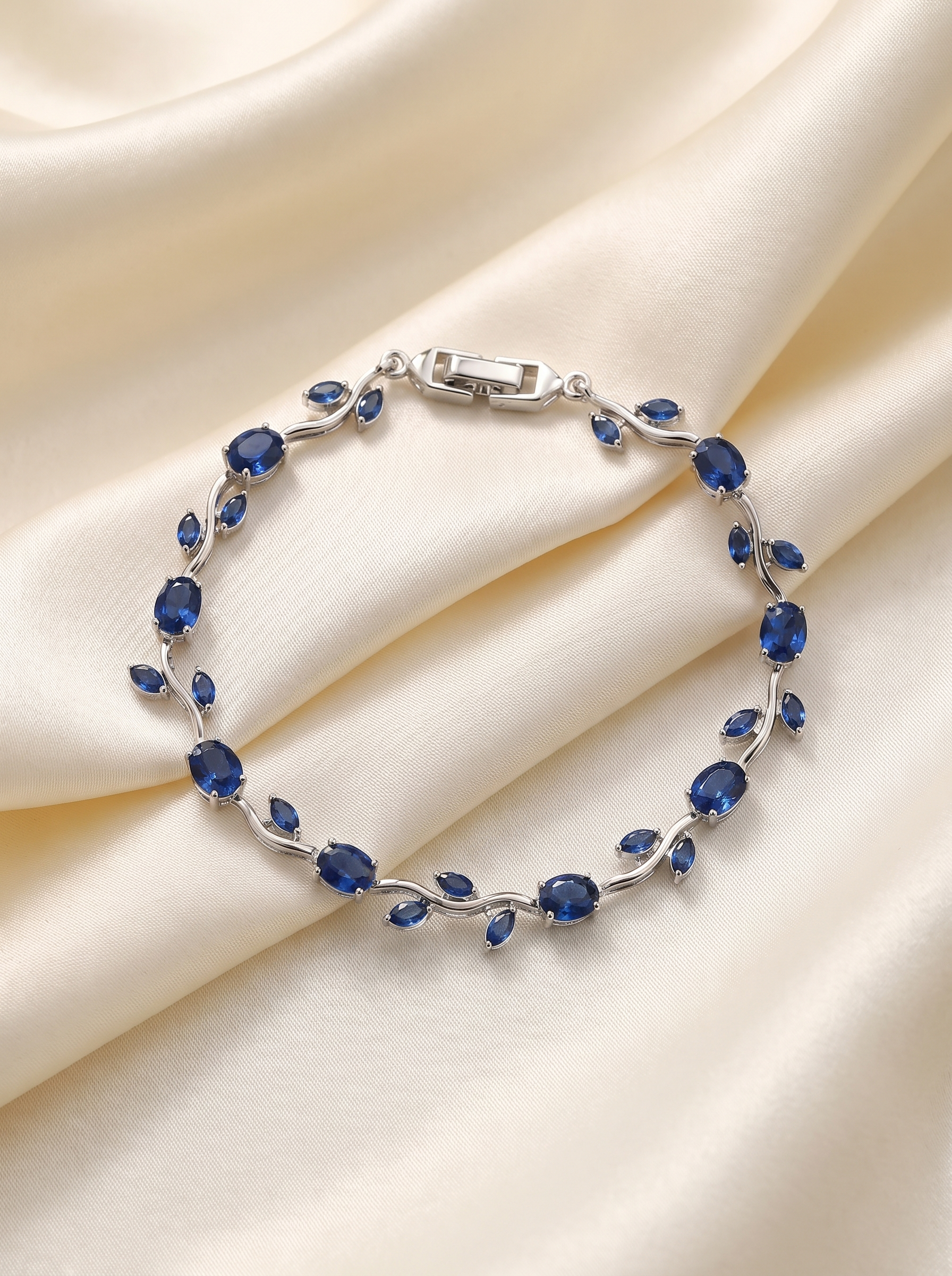 Silver Blue Tulip Bracelet with Sapphire Blue Cubic Zirconia | Elegant Floral Tennis Bracelet | Nature Inspired Crystal Bracelet for Women | EveStone