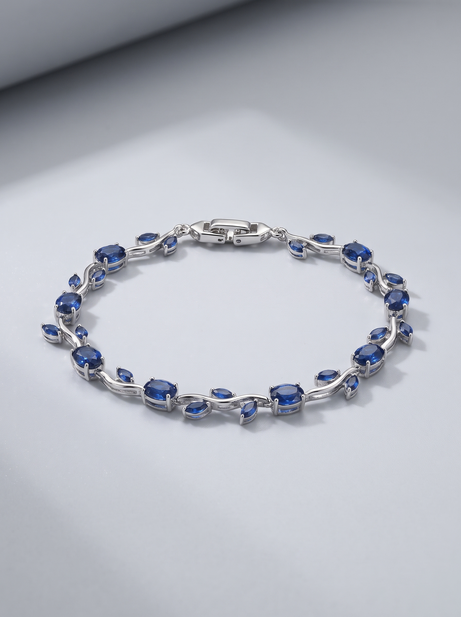 Silver Blue Tulip Bracelet with Sapphire Blue Cubic Zirconia | Elegant Floral Tennis Bracelet | Nature Inspired Crystal Bracelet for Women | EveStone