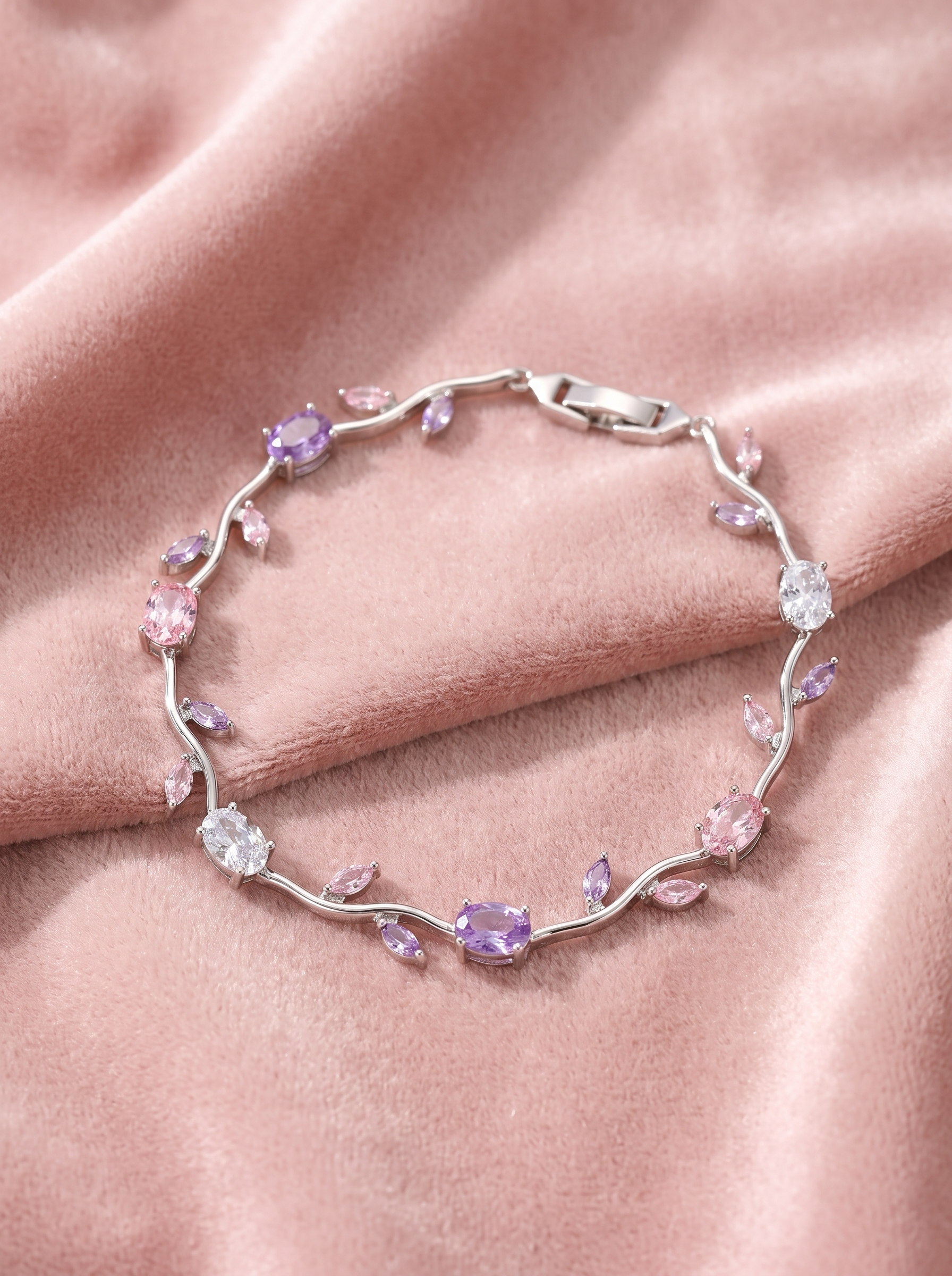Pink Tulip Bracelet with Blush Pink Cubic Zirconia | Elegant Floral Bracelet | Nature Inspired Crystal Bracelet for Women | Bridal Jewelry | EveStone