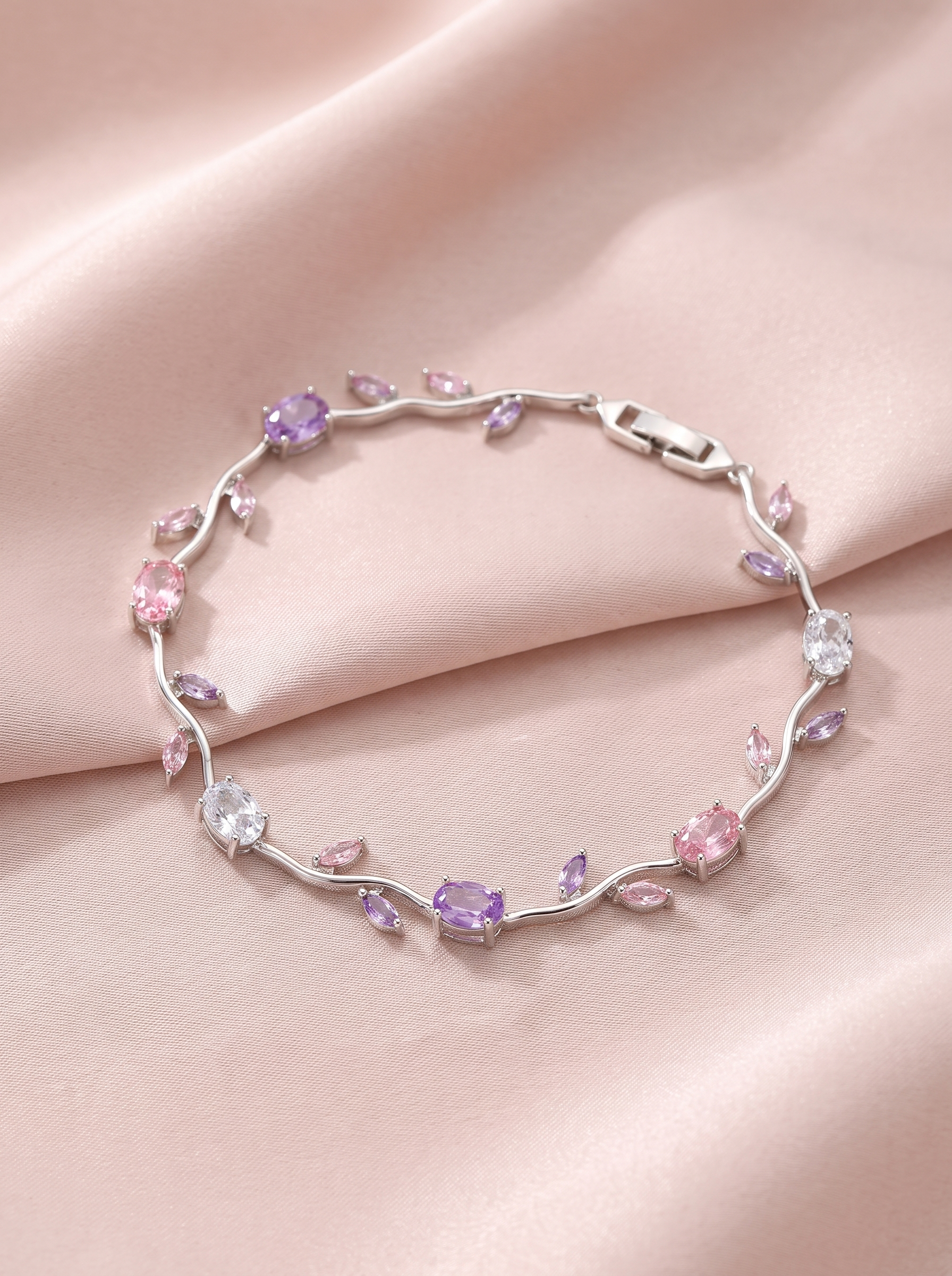 Pink Tulip Bracelet with Blush Pink Cubic Zirconia | Elegant Floral Bracelet | Nature Inspired Crystal Bracelet for Women | Bridal Jewelry | EveStone
