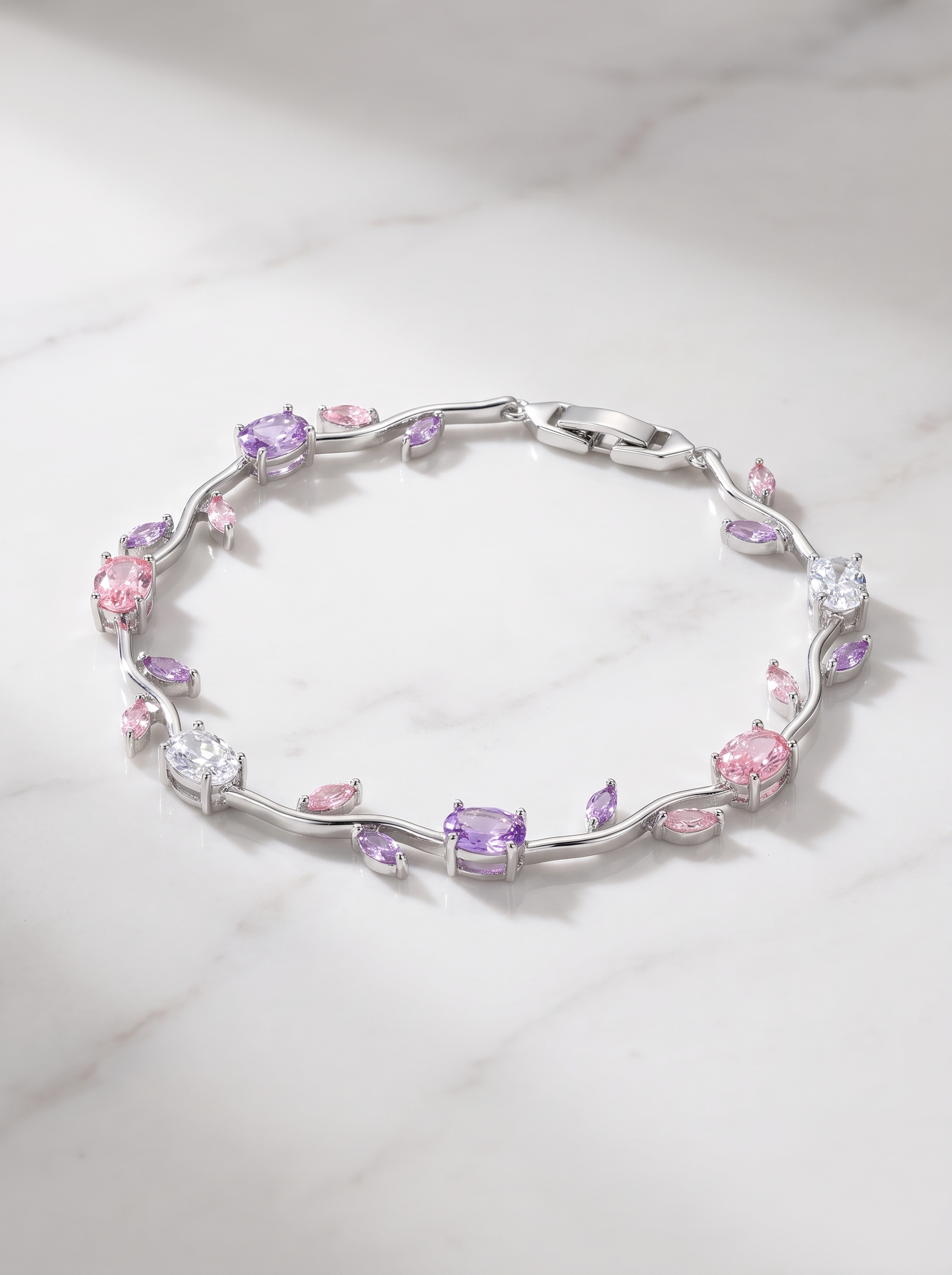 Pink Tulip Bracelet with Blush Pink Cubic Zirconia | Elegant Floral Bracelet | Nature Inspired Crystal Bracelet for Women | Bridal Jewelry | EveStone