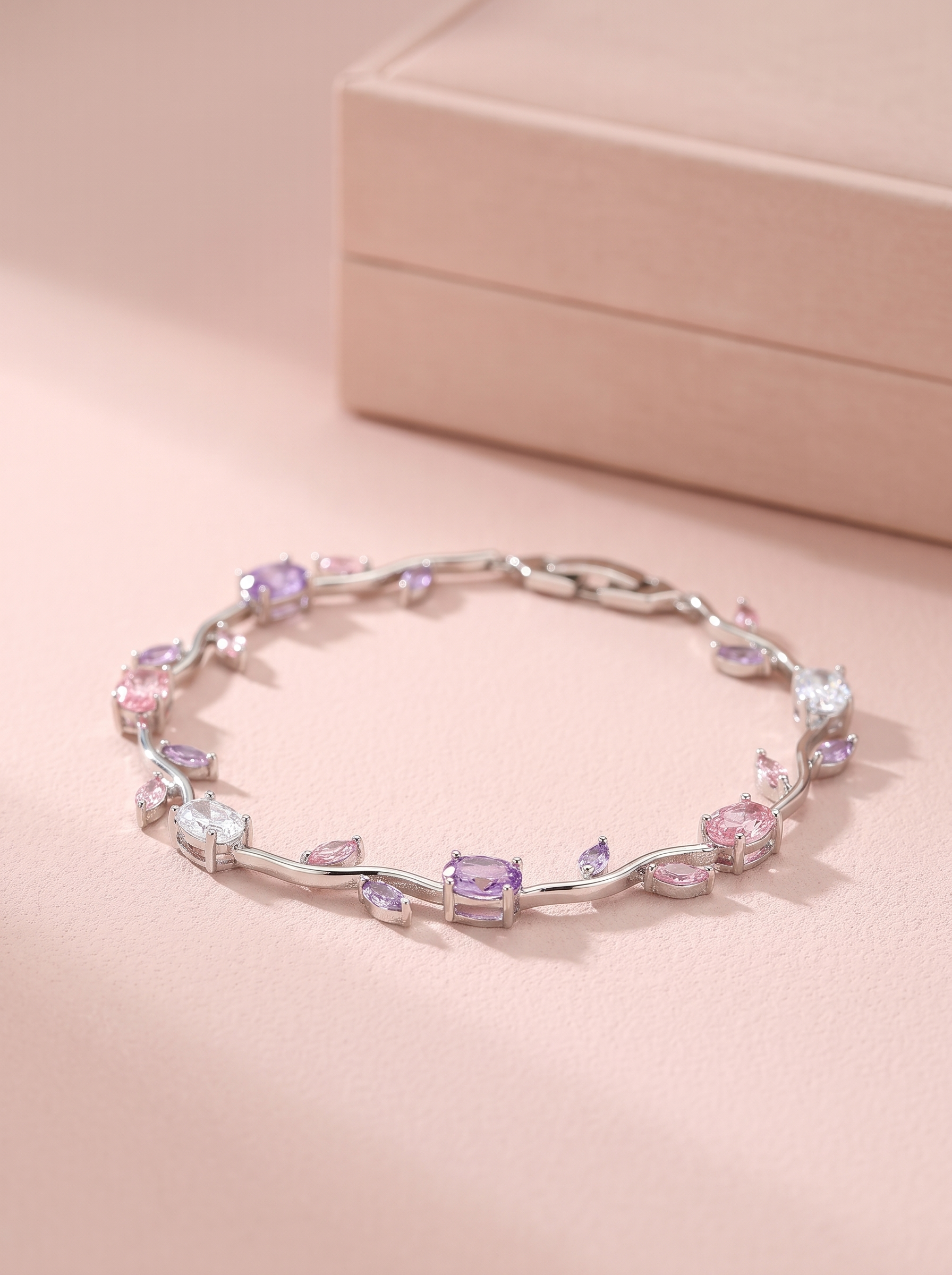 Pink Tulip Bracelet with Blush Pink Cubic Zirconia | Elegant Floral Bracelet | Nature Inspired Crystal Bracelet for Women | Bridal Jewelry | EveStone