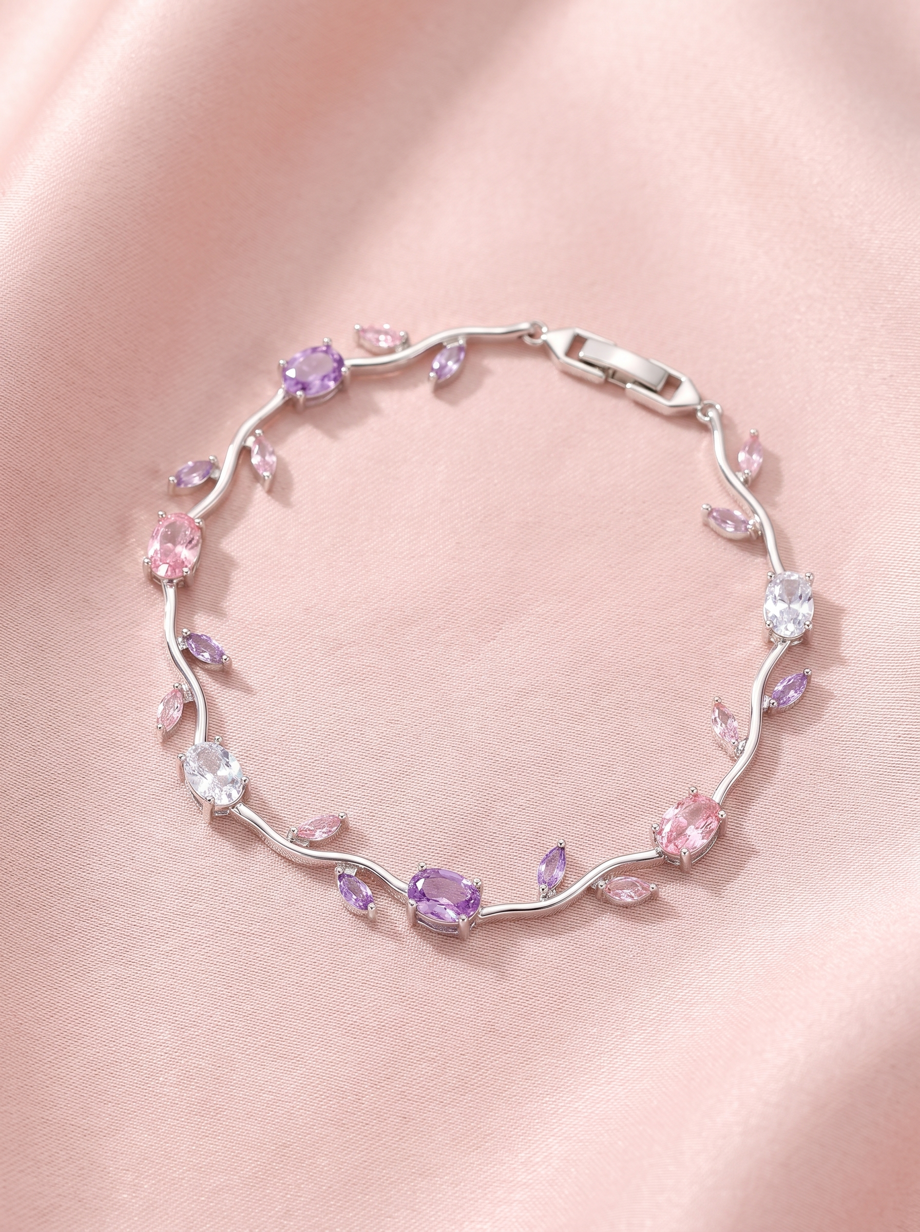 Pink Tulip Bracelet with Blush Pink Cubic Zirconia | Elegant Floral Bracelet | Nature Inspired Crystal Bracelet for Women | Bridal Jewelry | EveStone