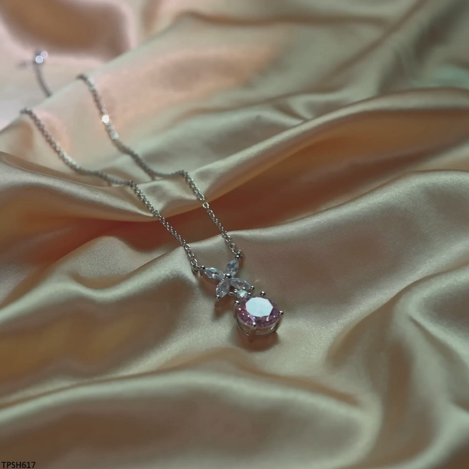 Pink Crystal Marquise Silver Jewelry Set, Pendant Necklace Drop Earrings