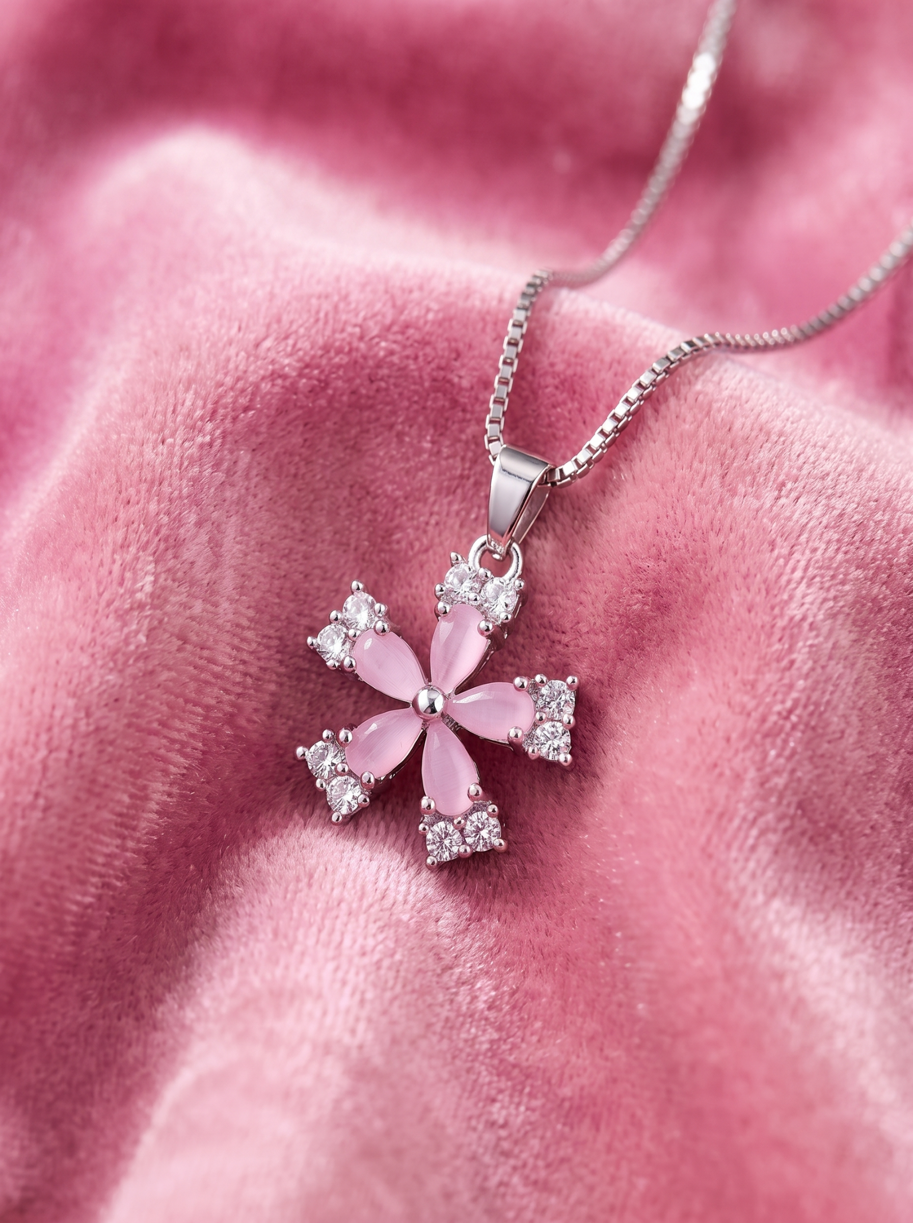 Pink Flower Crystal Pendant Necklace for Women | Floral Silver Necklace | Blossom Pendant | Elegant Everyday Jewelry | Gift for Her | EveStone