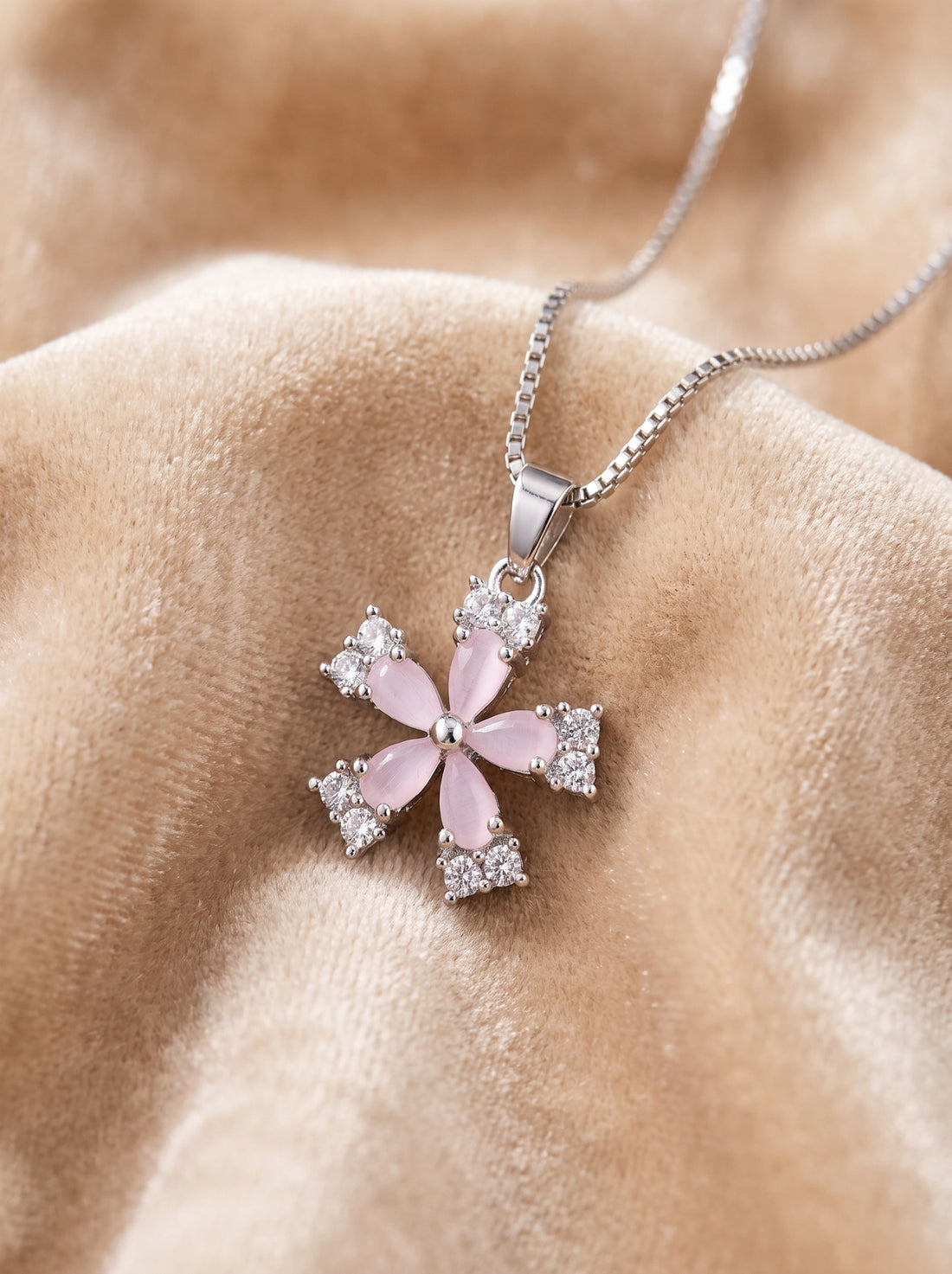 Pink Flower Crystal Pendant Necklace for Women | Floral Silver Necklace | Blossom Pendant | Elegant Everyday Jewelry | Gift for Her | EveStone